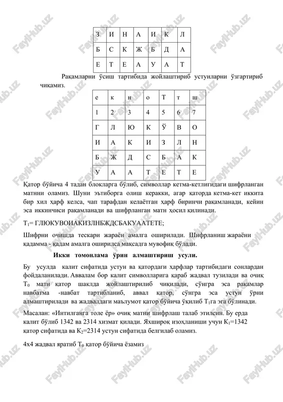 higa o'tkaziladi va ikkilik modul ostida ikkilik ketma-ketlikdagi k-kalit bilan shifrlash amalga oshiriladi. u shifrlangan yozuv: 𝑦=𝑥⊕𝑘 shifrni ochishda yozuvdagi har bir ikkilik modul ostidagi belgilar kkalit ketma-ketligi bilan tuziladi. 𝑦⊕𝑘=𝑥⊕𝑘=𝑘⊕𝑥 a 0 00000 v 1 00001 c 2 00010 d 3 00011 e 4 00100 f 5 00101 g 6 00110 h 7 00111 i 8 01000 j 9 01001 k 10 01010 l 11 01011 m n o p q r s t u v w x y z # ! h=7=00111 x 0 0 1 1 1 12 13 14 15 16 17 18 19 20 21 22 23 24 25 26 27 k=10=01010 y 0 1 0 1 0 01100 01101 01110 01111 10000 10001 10010 10011 10100 10101 10110 10111 11000 11001 11010 11011 n=13=01101 xor 0 1 1 0 1 32=25 ga yani 5 betli ikkilik sanoqsistemasi uchun misol: “hello” co'zi shifrlansin. t0= hello …