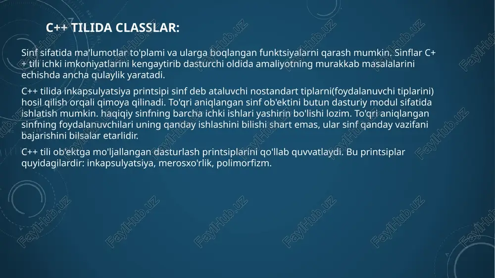 dan tashkil topgan kollektsiya yoki haydash tezligini oshirish, to'xtatish, burish imkoniyatlariga ega bo'lgan ob'ekt deb tasavvur qilish mumkin. avtomobil o'zida turli ehtiyot qismlarni va ularni funktsiyalarini inkapsulyatsiya qiladi. avtomobil kabi sinfda ham inkapsulyatsiya qator imkoniyatlarni beradi. barcha ma'lumotlar bitta ob'ektda yig’ilgan va ularga osongina murojaat qilish, ularni o'zgartirish va ko'chirish mumkin. sizning sinfingiz bilan ishlovchi dasturiy qismlar, ya'ni mijozlar sizning ob'ektingizdan, uning qanday ishlashidan tashvishlanmasdan, bemalol foydalanishlari mumkin 7 sinf o'zgaruvchilarning ixtiyoriy kombinatsiyasidan, shuningdek boshqa sinflar tiplaridan iborat bo'lishi mumkin. sinfdagi o'zgaruvchilar o'zgaruvchi – a'zolar yoki xossalar deyiladi. car sinfi o'rindiq, radiopriyomnik, shina va boshqa o'zgaruvchi - a'zolardan iborat. o'zgaruvchi – a'zolar faqatgina o'zlarining sinflarida yotadilar. g’ildirak va motor avtomobilning qanday tarkibiy qismi bo'lsa, o'zgaruvchi – a'zolar ham sinfning shunday tarkibiy qismidir. funktsiya – a'zolar ham o'zgaruvchi a'zolar singari sinfda yotadi. ular o'zgaruvchi a'zolar ustida amallar bajaradi va sinfni funktsional imkoniyatlarini aniqlaydi. sinflar orasidagi munosabatlar. murakkab sinflarni hosil qilishda oldin …