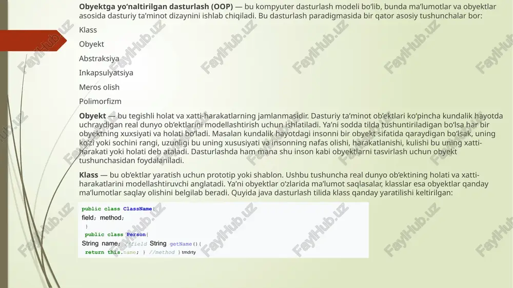} } employee sinfi. ushbu sinf person sinfi bilan bir xil funktsiyani amalga oshirishi sababli, xodim ham o'z navbatida shaxs bo'lganligi sababli, employee sinfini person sinfining vorisi (yoki sinf osti) ga aylantirish mantiqan to'g'ri bo'ladi. bu sinf o’z navbatida ajdod (yoki superklass) tayanch sinf deb nomlanadi: class employee : person { } ikki nuqtadan keyin ushbu sinf uchun tayanch sinfni ko'rsatiladi. person sinfi employee sinfi uchun tayanch sinf hisoblanadi, va shuning uchun employee sinfi person sinfining barcha barcha xususiyatlarni, metodlarni, maydonlarni meros qilib oladi. meros bo’lib o'tmaydigan yagona narsa bu tayanch sinfning konstruktorlari. shunday qilib, vorislik is-a munosabatini amalga oshiradi, employee sinfining ob'ekti o’z navbatida person sinfining ham ob'ekti hisoblanadi. static void main(string[] args) { person p = new person { name = "tom" }; p.display(); p = new employee { name = "sam" }; p.display(); console.read(); } employee sinfining obyekti o’z navbatida person sinfining ham obyekti bo’lganligi sababli, o'zgaruvchini …