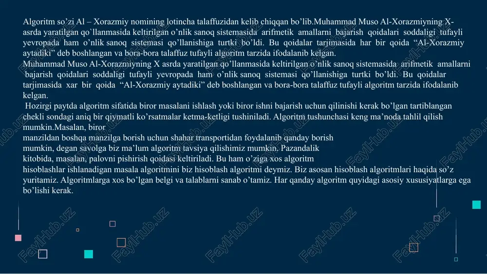 aralash usullari orqali saralash tamoyillarining asosiy xususiyatlarini tushuntirish qulay. 3. murakkablashtirilgan usullarda uncha ko`p amallarni bajarish talab qilinmasada, ushbu amallarning o„zlari ham ancha murakkabdir. garchi yetarlicha katta n larda ulardan foydalanish tavsiya etilmasada, kichik n larda mazkur usullar tezroq ishlaydi. shu joyni o`zida qat`iy usullarni ishlash tamoyillariga ko`ra 3 ta toifaga bo`lish mumkin. 1. to`g`ridan-to`g`ri qo`shish usuli (by insertion); 2. to`g`ridan-to`g`ri tanlash usuli (by selection); 3. to`g`ridan-to`g`ri almashtirish usuli (by exchange). to`g`ridan-to`g`ri qo`shish usuli bilan saralash algoritmi bunday usul karta o`yinida keng qo`llaniladi. elementlar (kartalar) hayolan “tayyor” a(1),...,a(i-1) va boshlang`ich ketma-ketliklarga bo„linadi. har bir qadamda (i=2 dan boshlanib, har bir qadamda bir birlikka oshirib boriladi) boshlang`ich ketma-ketlikdan i-chi element ajratib olinib tayyor ketma-ketlikning kerakli joyiga qo`yiladi. to`g`ridan-to`g`ri qo`shish orqali saralash algoritmi quyidagicha bo`ladi. for (int i=1;i x=a[i]; x ni a[0]...a[i] oraliqning mos joyiga qo‘shish } kerakli joyni qidirish jarayonini quyidagi tartibda olib borish qulay bo`ladi. 2-elementdan boshlab har bir elementni …