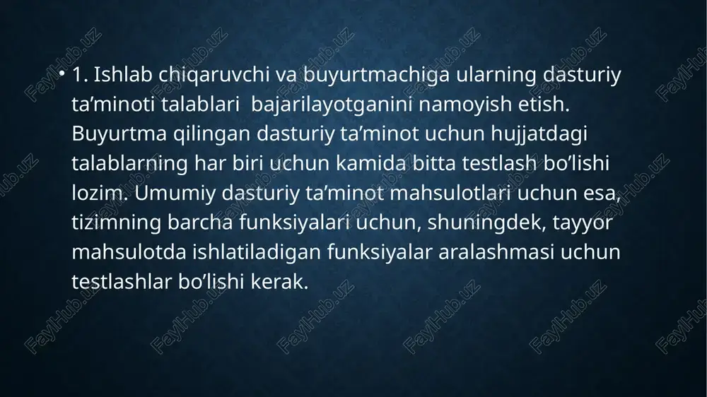lib o’tamiz: i. ishlab chiqarishdagi testlash (development testing). ishlab chiqarishdagi testlash dasturiy ta’minotni ishlab chiqaruvchilari tomonidan shu jarayonda olib boriladigan barcha testlarni o’z ichifa oladi. odatda testlovchi dasturiy ta’minotni ishlab chiqarishda ishtirok etgan dasturchi hisoblanadi. lekin ba’zan dasturiy ta’minotni ishlab chiqaruvchi jamoa alohida testlovchi va dasturchilardan ham tashkil topgan bo’lishi mumkin. ishlab chiqarishdagi testlash, odatda quyidagi 3 bosqichni o’z ichiga oladi: unit testing – dasturiy ta’minotning alohida olingan bo’limlari(sinflar, usullar)ni testlash. online magazin dasturiy ta’minot ishlab chiqarilayotgan bo’lsa unit testing da uning yuqorida ko’rsatilgan ma’lum bir usullarini tekshirish yetarlidir. component testing – ma’lum bir umumiy vazifani bajaruvchi bir nechta bo’limlardan tashkil topgan biror bir komponentani testlash bunda bitta koponentani tashkil qilgan a, b va c bo’limlar umumlashtirilgan holda testlanadi. 3. system testing – ba’zi yoki barcha komonentalarni o’z ichiga olgan butun bir tizimni yaxlit holda testlash jarayoni. bunda testlash butun bir tizimga qaratilgan bo’ladi. o’z nomi bilan ma’lumki bunda barcha …