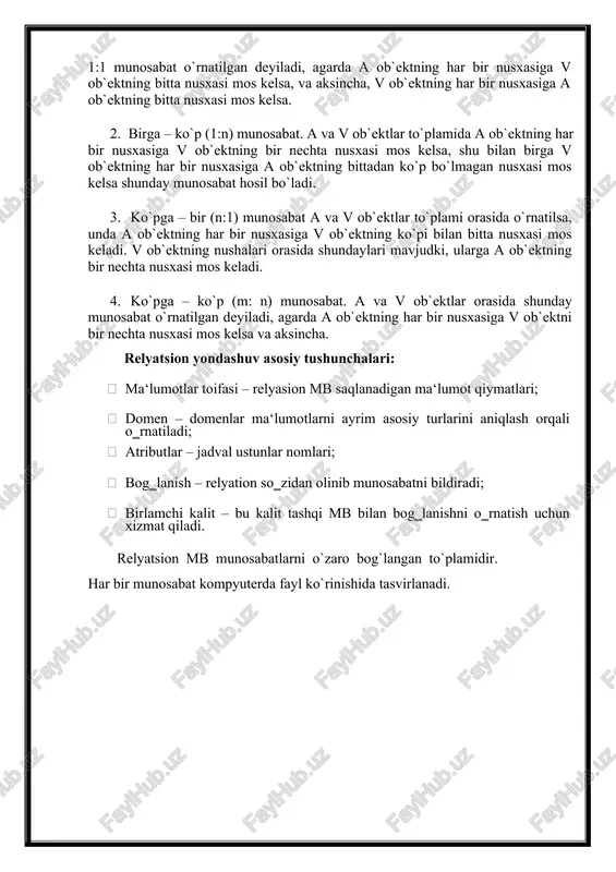 mb bilan bog’lanishni o’rnatish uchun xizmat qiladi. relyatsion mb munosabatlarni o`zaro bog`langan to`plamidir. har bir munosabat kompyuterda fayl ko`rinishida tasvirlanadi. 3 - amaliy ishi mavzu: sql tilida jadvallar yaratish, o’zgartirish va o’chirish. ushbu labaratoriyada predmet soha ma`lumotlar bazasini sql so`rovlari orqali yaratamiz. mavjud ob`yektlarni so`rovlar orqali ma`lumotlar bilan to`ldirish, o`zgartirish va keraksiz ma`lumotlarni o`chirishni ko`rib chiqiladi. sql( structured query language) (strukturalashgan so’rovlar tili) ma’lumotlarni almashtirish tili bo’lib xisoblanadi, ya’ni u jadvallar bilan ishlash mo’ljallangan bo’lib, kiruvchi ma’lumotlar talab etilgan chiquvchi ko’rinishga ega xolga aylantirib beradi. · sql( structured query language) (strukturalashgan so’rovlar tili) ma’lumotlarni almashtirish tili bo’lib xisoblanadi, ya’ni u jadvallar bilan ishlash mo’ljallangan bo’lib, kiruvchi ma’lumotlar talab etilgan chiquvchi ko’rinishga ega xolga aylantirib beradi. sql tili ikkita asosiy komponentga ega: · ddl tili (data definition language (ma’lumotlar aniqlash tili) bu ma’lumotlar ba’zasi strukturasini aniqlash va ma’lumotlarga murojaatni boshqarish uchun mo’ljallangan. dml tili (data manipulation language) - ma’lumotlarni manipulyatsiyalash tili. …
