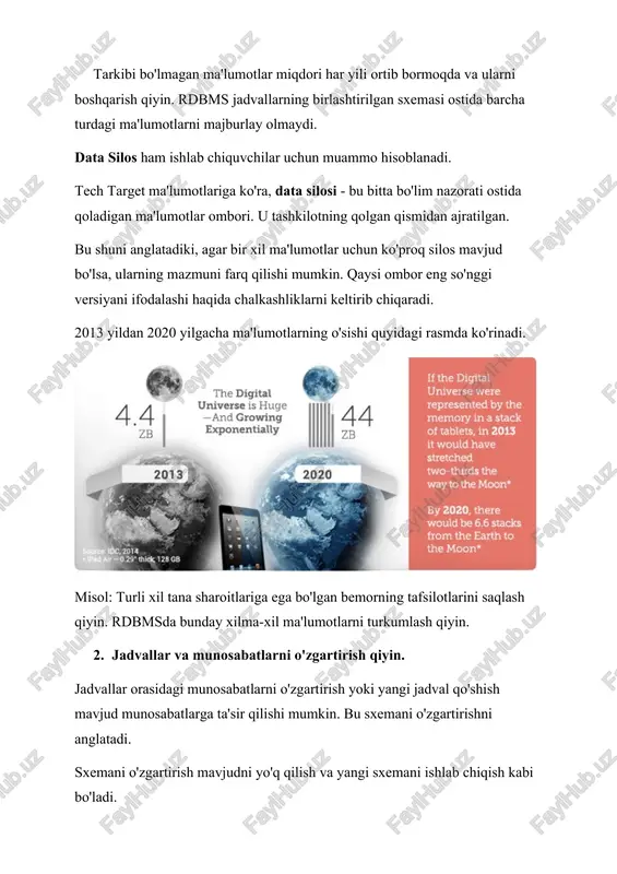 qiymatlar doʻkonlarida standart soʻrovlar tili yoʻq. siz olish, qo'yish va o'chirish buyruqlari yordamida ma'lumotlarni olasiz. buning sababi yuqori samaradorlikka ega. ilovalar: sharhlar va sessiya ma'lumotlarini saqlash uchun foydali. pinterest redis-dan foydalanuvchilar, izdoshlar, obunachilar, taxtachalar ro'yxatini saqlash uchun foydalanadi. wide column stores ustunlar ombori ma'lumotlar bazasida har bir satrdagi ustunlar shu qatorda joylashgan. har bir ustun oilasi rdbms jadvalidagi qatorlar konteyneridir. kalit bir nechta ustunlardan iborat qatorni aniqlaydi. qatorlarda ustunlar soni bir xil bo'lishi shart emas. ustunlar boshqa qatorlarga qo'shmasdan istalgan vaqtda istalgan qatorga qo'shilishi mumkin. bu bo'lingan qatorli do'kon. ilovalar: spotify foydalanuvchi profili atributlari va metamaʼlumotlarni saqlash uchun cassandra’dan foydalanadi. document databases hujjat do'konlari ma'lumotlarni saqlash uchun json, xml yoki bson (jsonning ikkilik kodlashi) hujjatlaridan foydalanadi. bu kalit-qiymat ma'lumotlar bazasiga o'xshaydi, lekin hujjatlar do'koni yarim tuzilgan ma'lumotlardan iborat. bitta hujjat yozuvlar va uning ma'lumotlarini saqlash uchun mo'ljallangan. u munosabatlar yoki qo'shilishlarni qo'llab-quvvatlamaydi. agar mijoz ma'lumotlarini va ularning buyurtmalarini saqlamoqchi bo'lsak, …