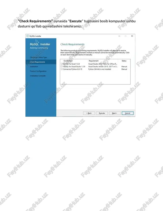 lar bajarish. uslubiy ko`rsatmalar:sql tilida shart ifodalarini tuzish uchun solishtirish va mantiqiy operatorlardan tashqari yana bir qator maxsus operatorlar qo’llaniladi. bu operatorlar dasturlash tillarida mavjud emas. bu operatolar: 5.1-jadval. where buyrug`i bilan ishlovchi operatorlar. misol: imtihonlarda kamida bitta 2 yoki 3 baho olgan talabalarni identifikatorini tanlab chiqarish so`rovi. select id_st, mark from mark_st 26 where mark in (2,3) between amali maydon qiymatini berilgan intervalga kirganligini tekshirish uchun ishlatiladi. yuqoridagi natijani between operatoridan foydalanib olish mumkin: select id_st, mark from mark_st where mark between 2 and 3 birorta xam 2, 3 olmagan talaba haqidagi ma‘lumotlar olish uchun not in yoki not between ishlatiladi. misol: familiyalari a xarfi bilan boshlanuvchi talabalar ro‘yxatini tanlab olish. bunday xolatda like operatoridan foydalanish qulay hisoblanadi. like operatori faqat simvolli maydonlar uchun qo‗llaniladi va maydon qiymati operatorda ko‗rsatilgan namunaga mosligini tekshirish imkonini yaratadi. namuna quyidagi maxsus simvollardan tashkil topadi: _ (tagiga chizish belgisi) – bitta ixtiyoriy simvolni …