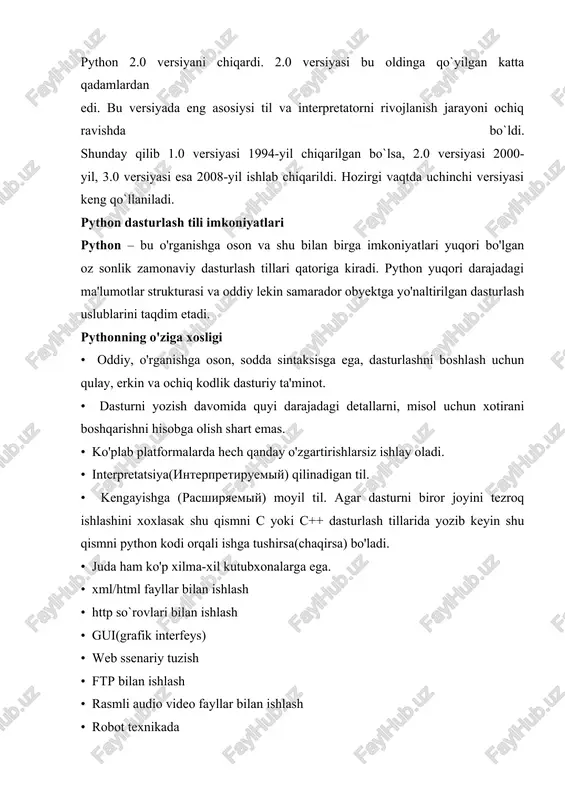 shga (rasshiryaemiy) moyil til. agar dasturni biror joyini tezroq ishlashini xoxlasak shu qismni c yoki c++ dasturlash tillarida yozib keyin shu qismni python kodi orqali ishga tushirsa(chaqirsa) bo'ladi. • juda ham ko'p xilma-xil kutubxonalarga ega. • xml/html fayllar bilan ishlash • http so`rovlari bilan ishlash • gui(grafik interfeys) • web ssenariy tuzish • ftp bilan ishlash • rasmli audio video fayllar bilan ishlash • robot texnikada • matematik va ilmiy hisoblashlarni programmalash pythonni katta proyektlarda ishlatish mumkin. chunki, uni chegarasi yo`q, imkoniyati yuqori. shuningdek, u sodda va universalligi bilan programmalash tillari orasida eng yaxshisidir. python dasturlash tilini o`rnatish. agar siz biror gnu/linux distributivini ishlatayotgan bo'lsangiz ko'p xollarda sizning tizimingizda python o'rnatilgan bo'ladi. buni tekshirib ko'rish uchun terminalingizdan quyidagi buyruqni ishga tushirib ko'ring. python -v agar sizda python 3.4.3 yozuvi yoki shunga o'xshash yozuv hosil bo'lsa unda hammasi joyida. windows operatsion tizimiga o'rnatish uchun www.python.org/downloads web sahifasiga o'tamiz va u yerdan …