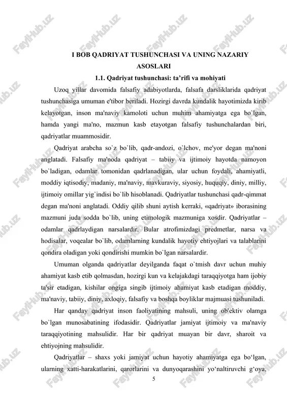 rini, qarorlarini va dunyoqarashini yo‘naltiruvchi g‘oya, prinsip, ideallar va e’tiqodlar tizimidir. ular shaxsiy va ijtimoiy ehtiyojlar, madaniy me’yorlar, axloqiy qarashlar va maqsadlarni aks ettiradi. masalan, o‘zbekiston kontekstida mehr-oqibat, hurmat, adolat kabi qadriyatlar milliy mentalitetning asosini tashkil etadi. ilmiy nuqtai nazardan, qadriyatlar shaxsning psixologik holati, ijtimoiy muhit va madaniy kontekstga bog‘liq ravishda shakllanadi va o‘zgaradi. filosof maks sheler qadriyatlarning ierarxiyasini taklif qilib, ularni moddiy (foyda, farovonlik), hayotiy (sog‘liq, quvvat), ma’naviy (go‘zallik, adolat) va diniy (muqaddaslik) turlarga ajratgan. qadriyatlarning mohiyati ularning shaxs va jamiyat hayotidagi ikki tomonlama – sub’ektiv va ob’ektiv – rolida namoyon bo‘ladi: 1. sub’ektiv jihati: qadriyatlar shaxsning ichki dunyosiga bog‘liq bo‘lib, uning shaxsiy tajribasi, e’tiqodi va ehtiyojlariga asoslanadi. masalan, bir shaxs uchun oila eng muhim qadriyat bo‘lsa, boshqasi uchun karyera yoki erkinlik ustuvor bo‘lishi mumkin. bu shaxsning psixologik holati va motivatsiyasini belgilaydi. 2. ob’ektiv jihati: qadriyatlar ijtimoiy me’yorlar va madaniy an’analar sifatida jamiyat tomonidan qabul qilinadi va umumiy qoidalar …