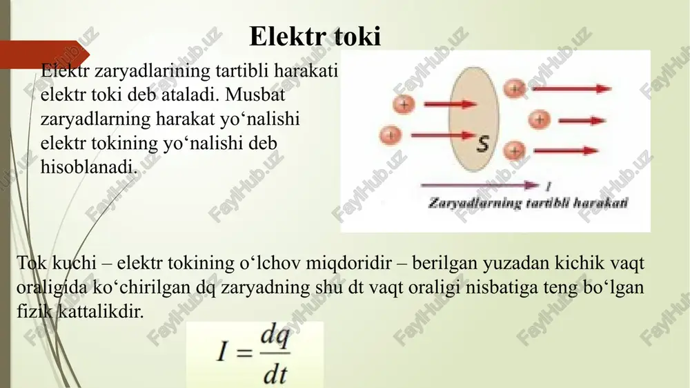 energiyadir ionizasiya energiyasi – gaz molekulasidan bitta elektronni ajratish uchun sarflanadigan energiyadir.. ionlanish – isitish yoki nurlanish ta’siri natijasida atomning musbat zaryadlangan ionga va elektronga ajralish jarayonidir. gazlarning o‘tkazuvchanligi gazlardagi tok tashuvchilar: gaz razryadining volt – amper xarakteristikasi vaxning bc qismiga to‘g‘ri kelgan tok to‘yinish toki deb ataladi, uning kattaligi ionizatorning quvvatini belgilaydi. oa qismida om qonuni bajariladi. av qismida tok kuchi o‘sishi sekinlashadi. vs qismida razryad toki to‘xtaydi. xulosa foydalanilgan adabiyotlar q.p.abduraxmanov, v.s.xamidov, n.a.axmedova. fizika. darslik. toshkent. 2018 y. 2. k.p.abduraxmanov, o'.egamov “fizika”. darslik. toshkent. 2013 y. 3. q.p.abduraxmanov, o’.egamov. “fizika”. darslik. toshkent. 2015 y. 4. douglas c. giancoli. physics. principles with applicathions. 2004 usa isbn-13 978-0-321-62592-2. 5. physics for scientists and engineers, raymond a. serway, john w. jewett. 9th edition, 2012. 6. https://t.me/estudyuz image1.png image2.jpeg image3.png image4.png image5.png image6.png image7.png image8.png image9.png image10.png image11.png image12.png image13.png image14.png image15.png image16.png image17.png image18.png image19.png image20.png image21.png image22.png image23.png image24.png image25.png …
