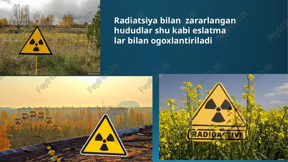 ngan xavfsizlik me’yorlaridan yuqori bo’lgan hamda radioaktiv mahsulotlar va ionlashtiruvchi nurlarning paydo bo’lish(chiqishi)i favqulodda vaziyatga olib keladi. dunyoning bir qator mamlakatlarida halokatlarga olib kelishi mumkin bo’lgan radiatsiyaviy xavfli inshootlarning turlari ko’p. ular atom elektr stansiyalari, yadro yoqilg’isi ishlab chiqaruvchi korxona, yadro reaktori mavjud bo’lgan ilmiy-tadqiqot institutlari va h.k. radiatsiyaviy avariya – uskuna nosozligi, xodimlarning xattiharakatlari, tabiiy va texnogen xususiyatli favqulodda vaziyatlar tufayli kelib chiqqan, fuqarolarning belgilangan normalardan ko’proq nurlanish olishiga yoki atrof muhitning radioaktiv ifloslanishiga olib kelishi mumkin bo’lgan yoxud olib kelgan ionlashtiruvchi nurlanish manbai ustidan boshqaruvning izdan chiqishi. radioaktivlik miqdori chegaralangan me’yordan oshmasligi va inson hayoti uchun xavfli vaziyatni vujudga keltirmasligi lozim. nurlanish miqdori va zararlanish belgilari orasidagi bog’lanish hududning zararlanish darajasi – radiatsiya darajasida baholanadi va soatiga rentgen yoki radlarda o’lchanadi. insonlarning zararlanish darajasi – tashqi nurlanish natijasida radiatsiya dozasining kattaligi bilan aniqlanadi va rentgen yoki radlarda (r) o’lchanadi. radiatsiya xavfi haqida ma’lumot eshitgandan keyin bajarilishi kerak bo’lgan …