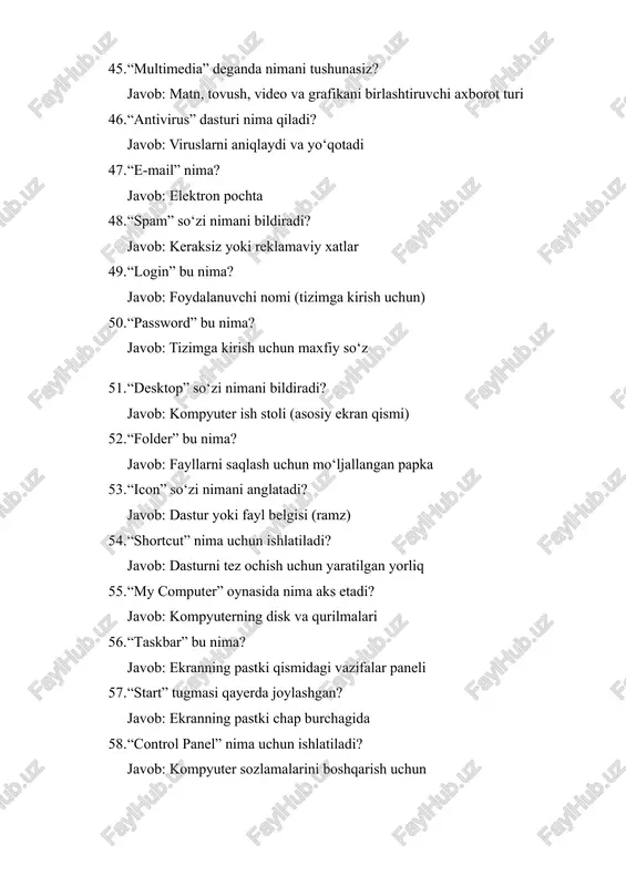 eb-sahifalar yaratish tili 84. “url” bu nima? javob: internet manzili 85. “http” nimani bildiradi? javob: veb-sahifalar almashinuvi protokoli 86. “https” bu nima? javob: himoyalangan veb protokol 87. “cookie” bu nima? javob: sayt foydalanuvchi haqidagi ma’lumotni saqlovchi fayl 88. “cache” bu nima? javob: tezkor xotirada vaqtincha saqlangan ma’lumotlar 89. “domain” so‘zi nimani bildiradi? javob: internet saytining manzili 90. “ip address” nima? javob: kompyuterning tarmoqdagi noyob raqamli manzili 91. “search engine” deganda nimani tushunasiz? javob: internetda axborot qidirish tizimi 92. “google”, “bing”, “yahoo” nimaga misol? javob: qidiruv tizimlariga misol 93. “e-learning” deganda nimani tushunasiz? javob: internet orqali o‘qitish tizimi 94. “online meeting” nima? javob: internet orqali o‘tkaziladigan yig‘ilish 95. “zoom”, “microsoft teams”, “google meet” nimaga misol? javob: onlayn muloqot dasturlariga misol 96. “social network” bu nima? javob: ijtimoiy tarmoq 97. “facebook”, “instagram”, “telegram” nimaga misol? javob: ijtimoiy tarmoqlarga misol 98. “cybersecurity” deganda nimani tushunasiz? javob: kompyuter tarmoqlarini himoya qilish sohasi 99. “hacker” …