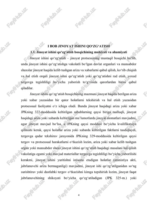 (2018 yil 1 iyungacha boʻlgan oʻzgartish va qoʻshimchalar bilan) rasmiy nashr –oʻzbekiston respublikasi adliya vazirligi. – t.:adolat, 2018 y. ] yuqorida keltirilgan savollarga olingan javoblarning natijasiga koʻra jinoyat ishini qoʻzgʻatish vakolatiga ega boʻlgan organlar yoki mansabdor shaxslar jinoyat ishini qoʻzgʻatish, jinoyat ishini qoʻzgʻatishni rad etish yoki materiallarni tergovga tegishlilik boʻyicha yuborish haqida qaror qabul qiladilar. jinoyat ishini qoʻzgʻatish bosqichi oʻzining xususiyatlari, mohiyati va qabul qilinadigan qarorlardan kelib chiqqan holda protsessual, huquqiy va profilaktik ahamiyatga ega. jinoyat ishini qoʻzgʻatish bosqichining protsessual ahamiyati shundan iboratki, aynan jinoyat haqidagi ariza yoki xabar yuzasidan chiqariladigan qaror jinoyat ishini paydo boʻlishi, ish boʻyicha jinoyat protsessining keyingi bosqichlari, ularning tarkibiy qismlari boʻlgan protsessual munosabatlarning yuzaga kelishi, tergov va protsessual harakatlarning bajarilishi, isbotlash jarayonining amalga oshirilishi, protsessual majburlov choralarining qoʻllanilishi, sud muhokamasi oʻtkazilishi va sud qarorining qabul qilinishi uchun asos boʻlib xizmat qiladi. albatta,agar jinoyat ishini qoʻzgʻatishni rad etish toʻgʻrisida qaror qabul qilinadigan boʻlsa, unda oʻz-oʻzidan jinoyat …