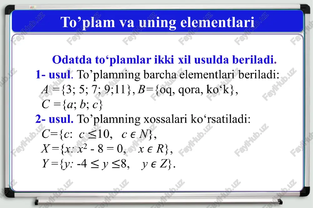 a} bo‘lsa, anc to‘plamni aniqlang? a, b va c to‘plamlarning elementlari soni mos ravishda 10; 12 va 15 ta. au buc to‘plamning elementlari soni eng kamida nechta bo‘la oladi? yechish: to’plamlar birlashmasining elementlari soni eng kam bo’lishi uchun to’plamlarning biri ikkinchisining qismi bo’lishi kerak. au bu cto‘plamning elementlari soni eng kam bo‘lishi uchun a, b c c shart bajarilishi kerak. u holda aubuc=c bo’ladi, ya‘ni n(a u bu oc = n(c = 15 javob: 15 masalan, rasmda u universal to‘plam ichida a to‘plam tasvirlangan. doira tashqarisidagi bo‘yalgan soha a to‘plamning to‘idiruvchisi deyiladi va a’ kabi belgilanadi. a’ n = 100 n((rud’) =? yechish: n(r ui) = =n(r)+ ni) —-n(rnd n(r ut) = 60+ 50-17 = 93 n((rud') =n-—n(rud = = 100-93 =7 javob: 7 /docprops/thumbnail.jpeg matematika 1l-dars: to‘plamlarva ular ustida bajariladigan amallar ‘venn diagrammasi