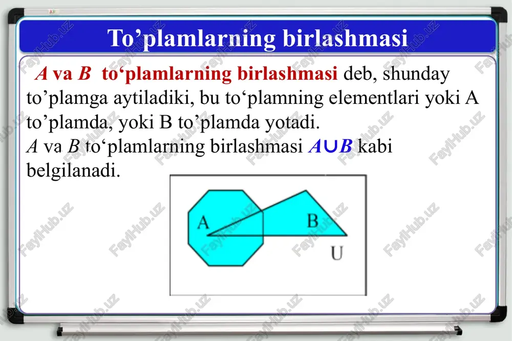 iladi va a cb kabi yoziladi. bunday holatda “a to‘plam b da yotadi” yoki “a to‘plam b ning qismi” deb ham yuritiladi. masalan, {2, 3, 5} c{1, 2, 3, 4, 5, 6}, chunki, birinchi to‘plamning hamma elementlari ikkinchi to‘plamning ham elementlari bo‘ladi. v {a} to‘plam @ va {a}, ya’ni (2) ikkita qism to‘plamlarga ega. y {a, b} to‘plam esa (22) to‘rtta: @, {a}, {b} va {a, b} qism to‘plamlarga ega. a, b va c to‘plamlarning elementlari soni mos ravishda 10; 12 va 15 ta. a u b u c to‘plamning elementlari soni eng kamida nechta bo‘la oladi? a) 22 b) 27 c) 12 d) 15 yechish: to’plamlar birlashmasining elementlari soni eng kam bo’lishi uchun to’plamlarning biri ikkinchisining qismi bo’lishi kerak. a u b u cto‘plamning elementlari soni eng kam bo‘lishi uchun a, b c c shart bajarilishi kerak. u holda au bu c=c bo’ladi, ya‘nin(a u bu gq =n(c =15 …