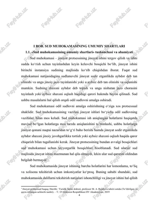 hining barcha holatlari tekshiriladi va bu bilan dastlabki tergov 502 organlari harakatlari, xulosalari va qarorlarining qonuniyligi va asoslanganligi tekshirilishi ta’minlanadi. sud muhokamasida dastlabki tergovda to‘plangan barcha dalillar yangitdan tekshiriladi. biroq sud bundan tashqari sud muhokamasi ishtirokchilari taqdim etgan yoki o‘zi aniqlagan qo‘shimcha dalillarni ham ko‘rib chiqadi. sudda barcha dalillar sudlanuvchi, uning himoyachisi, jabrlanuvchi, fuqaroviy da’vogar, fuqaroviy javobgar va ular vakillarining faol ishtirokida tekshiriladi. sud muhokamasida jinoyat protsessi ushbu ishtirokchilarining qatnashishi ular huquqlarining amalga oshirilishiga xizmat qiladi, sudlovning tortishuv asosida amalga oshirilishini ta’minlaydi va taqdim etilgan dastlabki tergov materiallarini xolisona baholashga imkon beradi. sud muhokamasi o‘z vazifalari, unda ko‘riladigan masalalar doirasi, qabul qilinadigan qarorlarning xususiyati va nihoyat, sud muhokamasida barcha jinoyat-protsessual prinsiplarning amalga oshishini ta’minlovchi vazifalari bilan jinoyat protsessining asosiy, markaziy bosqichini tashkil qiladi. ochiq sud majlislarida, ishning natijasidan manfaatdor barcha shaxslar ishtirokida va oshkora o‘tkaziladigan sud muhokamasi fuqarolarning huquqiy ongini shakllantirishga va huquqbuzarliklarning oldini olishga yordam beradi. sud muhokamasi ishtirokchilarining …