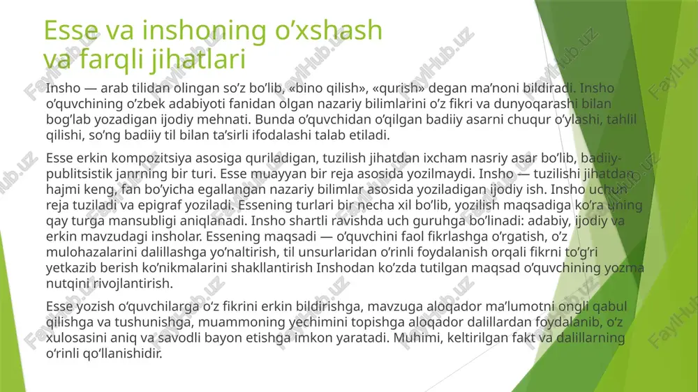 hit, inson haqqlari, ijtimoiy inshootlar va boshqalar haqidagi mavzularni qamrab olish mumkin. ilmiy esse: bu turdagi esse ilmiy tadqiqotlar, fanlar, nazariyalar yoki ilmiy muammolarni o'rganish uchun yoziladi. bu turdagi essa, ilmiy uslubga muvofiq ravishda yozilishi lozim bo'ladi. adabiy esse: bu turdagi esse, adabiy yaratish, qahramonlar, kitoblar, yozuvchilar yoki adabiy ko'rinishlar haqidagi muammolarni o'rganishga yo'naltiriladi. fikrlash esse: bu turdagi esse, muallifning shaxsiy fikrlarini, ayrim savollar yoki muammolarni tahlil qilishga yo'naltirilgan. bu turdagi esse, ko'pgina fikrlashlar, fikrlar, tasavvurlar va savollar bilan bog'liq bo'ladi. esse (fransuzcha essai — urinish, sinash, ocherk) — erkin kompozitsiyali, uncha katta boʻlmagan nasriy asar. esse orqali narsa vayoki shaxsga oid subyektiv fikr bildiriladi. esselar falsafiy, tarixiy-biografik, publitsistik, adabiy-tanqidiy, ilmiy-ommabop yoki sof belletristik xarakterda boʻladi. esse uslubi obrazliligi, aforistikligi, jonli tilga yaqinligi bilan ajralib turadi. mazmuni muayyan sabab yoki masalaga oid tugal tafsilotni yoki aniqlikni talab qilmaydigan individual taassurot va mulohazalardan iborat boʻladi. mustaqil janr sifatida a. montel ijodida …