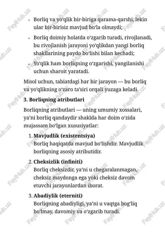 bo‘lgan, lekin hozir mavjud bo‘lmagan narsalar. rivojlanishning umumfalsafiy qonunlari va falsafa qonunlari 1. falsafa qonunlari tushunchasi falsafa qonunlari — bu borliq va uning harakati, rivojlanishi, inson fikri va jamiyat haqidagi eng umumiy, fundamental tamoyillar va qonuniyatlardir. ular boshqa fanlar qonunlarining asosini tashkil etadi va barcha tabiiy, ijtimoiy va aqliy jarayonlarga tatbiq qilinadi. 2. rivojlanishning umumfalsafiy qonunlari rivojlanish — bu borliqdagi harakat va o‘zgarish jarayonidir. falsafada rivojlanishning bir nechta asosiy umumiy qonunlari mavjud: a) birlik va qarama-qarshilik qonuni · har qanday jarayon va rivojlanish ichida qarama-qarshi kuchlar mavjud bo‘ladi (masalan, yaratish va buzish, ijobiy va salbiy). · ushbu qarama-qarshiliklar o‘zaro kurashib, harakat va rivojlanishni ta’minlaydi. · bu qonun dialektikaning asosiy qonunlaridan biridir. b) o‘zgarish va rivojlanishning uzluksizligi qonuni · har bir narsa, jarayon, hodisa doimiy ravishda o‘zgarib boradi. · o‘zgarishlar doimiy va uzluksiz jarayon sifatida yuz beradi. · rivojlanish jarayoni qachon to‘xtasa, o‘sha jarayon yoki tizim mavjud bo‘lishini to‘xtatadi. c) sifatdan-miqdorga …