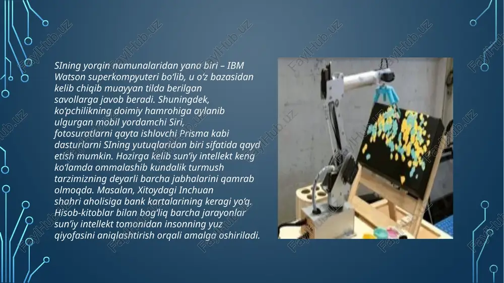 adilar. tajriba davomida "jarohat olgan" robot kamida oltita turli xil jarohatlarga, shu jumladan ikkita pastki oyoq-qo'llarining to'liq yo'qolishiga moslasha oldi va robotning "qo'li" kamida 14 turdagi jarohatlarga, shu jumladan uning ikkita dvigatelining ishdan chiqishiga moslasha oldi. 3-fakt: si yaratuvchilarining e'tiqodi va stereotiplarini meros qilib oladi.sun'iy miya o'z xulosalarini dastlab unga kiritilgan ma'lumotlar asosida chiqaradi, shuning uchun u irqiy va jinsi xurofotlari bilan ajralib turadi. tadqiqotlar shuni ko'rsatdiki, yuzni tanib olish uchun ba'zi kompyuter tizimlari 35% hollarda qora tanli ayollarning jinsini chalkashtirib yuborgan va oq tanli erkaklarning atigi 0,8%. buning sababi shundaki, sun'iy intellekt ishlaydigan ma'lumotlar bazalaridagi fotosuratlari 75% erkaklar tashkil etadi, ularning 80% oq tanli fotosuratlarda. 4-fakt: sun'iy intellekt savollarga javob berishi mumkin. bugungi kungacha eng kuchli sun'iy intellekt bilan ishlaydigan matn ishlab chiqaruvchisi - openai-dan gpt-2 butun xatboshilarini yozishi mumkin va xatolarga yo'l qo'ymaydi. shu bilan birga, tizim umumiy bilimlarga tegishli bo'lsa, savollarga to'g'ri javob beradi. 5-fakt: si inson …