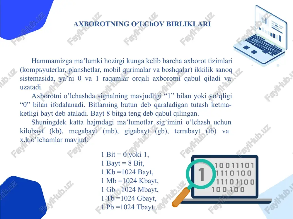 h va ishlab chiqarishni axborotlash-tirish tashkiliy- ‘iqtisodiy boshqarishni axborotlashtirish axoliga xizmat koʼrsatish soxasini axborotlashtirish talim va kadrlar tayorlash jarayonini axborotlashtirish avtomatlashtirish tushunchasi avtomatlashtirish – deganda inson ishtirokisiz biror bir mahsulotni ishlab chiqarish yoki xizmat ko'rsatish tushuniladi. ishlab chiqarishni avtomatlashtirish – mashinalashtirilgan ishlab chiqarishni nazorat qilish va boshqarish ishlarini avtomatik qurilmalar zimmasiga yuklash hisoblanib, ishlab chiqarishni mexanizatsiyalashtirishning yuqori bosqichi. fan va texnika taraqqiyotinnng asosiy yo'nalishlaridan biridir. mehnat unumdorligi, maqsulot sifati, mehnat madaniyati va boshqa omillar ishlab chiqarish ko'rsatkichlarini yuqori darajaga ko'tarish imkonini beradi. ishlab chiqarishning qisman (lokal), yalpi (kompleks) va to'la avtomatlashtirish bosqichlari mavjud. qisman avtomatlashtirish bosqichida ishlab chiqarishning alohida ish turlari (suyuqlik sathi balandligi, temperatura, bosim va boshqalar) ni rostlab turish ishlari avtomatlashtiriladi. yalpi avtomatlashtirish bosqichida bir necha qismlari avtomatlashtirilgan ish turlari, bo'lim, sex, korxona miqyosida o'zaro bog'langan bo'ladi, yagona avtomatik majmua sifatida muayyan dastur bo'yicha boshqariladi. boshqarish ishlari odam (operator) nazorati ostida o'tadi. to'la avtomatlashtirish bosqichida esa ishlab chiqarish …