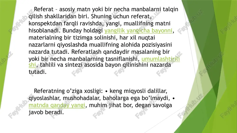 anadigan statistik materialga ega tahlil zarur. keng hajmdagi statistik ma’lumotlarni jadvallarga yig’ish maqsadga muvofiq. statistik ma’lumotlar asosida u yoki boshqa ijtimoiy-iqtisodiy hodisalar va jarayonlarni ancha yaqqol tasavvur etish va rivojlanish dinamikasida aks ettirishga imkon beradigan diagrammalar, grafiklarni qurish mumkin. referatda keltiriladigan barcha jadvallar, diagrammalar, grafiklar, sxemalar sarlavhalanishi va raqamlanishi kerak. statistik ma’lumotlar olingan manbalarning sarlavhalari ko’rsatilgani holda qayd qilinishi lozim. matnda beriladigan barcha raqamli materialning tegishli manbalari ko’rsatilishi kerak. shuningdek, boshqa mualliflar asarlaridan olingan matndan ko’chirmalar, fikrlar, qoidalar, xulosalar so’zma-so’z ko’chirib olinganida ham albatta satr ostida qaydlar berilishi zarur. munozarali masalalar bo’yicha har xil nuqtai nazarlarning tahlili, qo’shiladigan yoki o’zining pozisiyasining dalillanishi ham referatning afzalligi hisoblanadi. referatning xulosasi referent tanlangan mavzuni o’rganish natijasida qilgan aniq ifodalangan xulosalarni, shuningdek hal etilmay qolgan va keyinchalik ishlab chiqishni talab qiladigan masalalarni o’z ichiga oladi. adabiyotlar ro’yxatining rasmiylashtirilishini tekshirish foydalanilgan adabiyotlar ro’yxati qat’iy belgilangan tartibda tuziladi: 1. o’zr qonunlari. 2. o’zr prezidenti farmonlari. 3. …