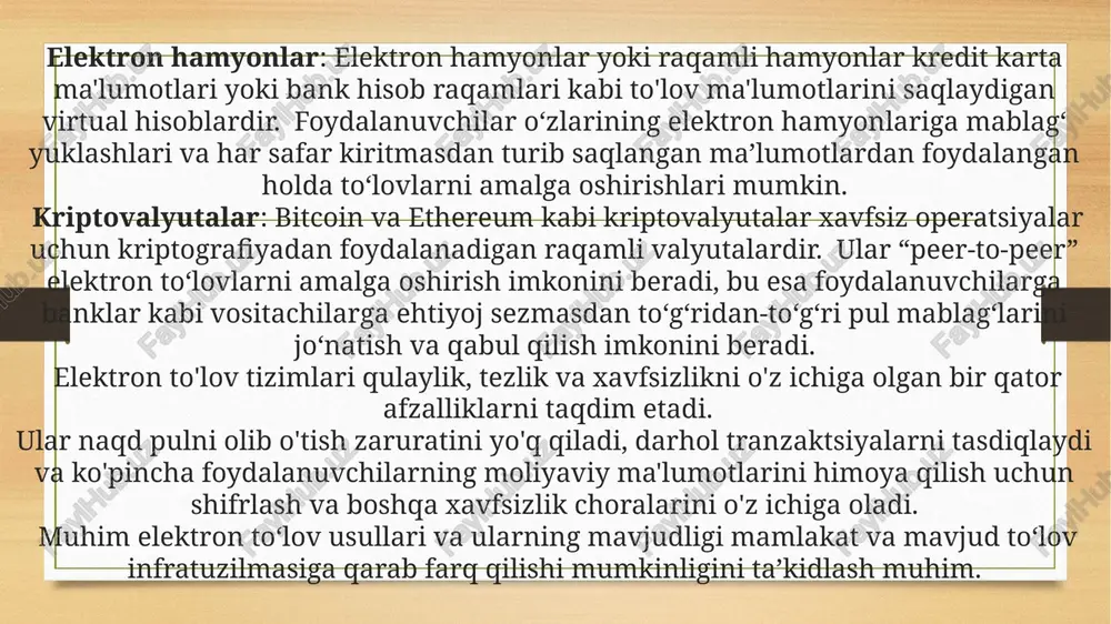 sh uchun mo‘ljallangan. banklararo to‘lov tizimining qoidalari o‘zbekiston respublikasi markaziy banki tomonidan belgilanadi. 8-modda. bankning ichki to‘lov tizimi bankning ichki to‘lov tizimi bank filiallari va mijozlari o‘rtasida elektron to‘lovlarni amalga oshirish, shuningdek banklararo to‘lov tizimi bilan o‘zaro harakatda bo‘lish uchun mo‘ljallangan. bankning ichki to‘lov tizimi qoidalari to‘lov tizimining a’zosi — bank tomonidan belgilanadi. 20-modda. elektron to‘lovlar to‘g‘risidagi ma’lumotlarning maxfiyligi to‘lov tizimining a’zolari elektron to‘lovlar to‘g‘risidagi ma’lumotlarning maxfiyligini ta’minlashlari kerak. elektron to‘lovlar to‘g‘risidagi ma’lumotlar uchinchi shaxslarga taqdim etilmaydi, qonunda belgilangan hollar bundan mustasno. 21-modda. nizolarni hal etish elektron to‘lovlar sohasidagi nizolar qonun hujjatlarida belgilangan tartibda hal etiladi. 22-modda. elektron to‘lovlar to‘g‘risidagi qonun hujjatlarini buzganlik uchun javobgarlik elektron to‘lovlar to‘g‘risidagi qonun hujjatlarini buzganlikda aybdor shaxslar belgilangan tartibda javobgar bo‘ladilar. 23-modda. ushbu qonunning kuchga kirishi ushbu qonun rasmiy e’lon qilingan kundan e’tiboran kuchga kiradi. o‘zbekiston respublikasi vazirlar mahkamasi hukumat qarorlarini ushbu qonunga muvofiqlashtirsin, davlat boshqaruvi organlarining ushbu qonunga zid bo‘lgan o‘z normativ-huquqiy hujjatlarini …