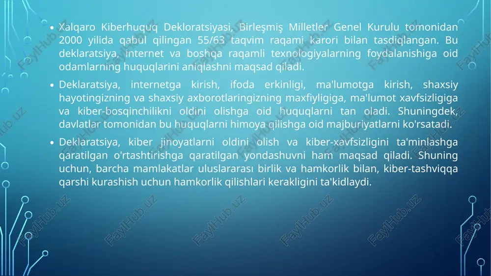 izimlarini mustahkamlashga yo'l qo'yadi. 3.xavfsizlikning eng yuqori darajadagi standartlarini ta'minlash: shartnama kiberxavfsizlik sohasidagi eng yaxshi amaliyotlarni, standartlarni va yondashuvlarni o'z ichiga oladi va kiberxavfsizlikning eng yuqori darajadagi standartlari bilan kelishishni hedeflaydi. shartnama kiberxavfsizlik sohasidagi amaliyotlarni qo'llab-quvvatlash, rivojlantirish va konsolidatsiyalash maqsadida kiberxavfsizlikning turli tomonlarini o'z ichiga oladi. ushbu shartnama o'z ichiga olgan qo'llanmalar, xavfsizlikning amaliyoti va qo'shimcha resurslarni belgilaydi. xulosa: kiberhuquq sohasiga oid halqaro standartlar, kiberhuquqning xalqaro miqyosda amal qilishini ta'minlash va harmonizatsiyalashni maqsad qilgan standartlardir. bu standartlar, xalqaro hamjihatda kiberhuquqning amaliyotga o'tkazilishini, huquqiy asoslarini va rivojlanishini belgilaydilar. bu standartlar kiberhuquq sohasidagi huquqiy, texnikaviy, amaliyotiy masalalarni boshqarish, kiberxavfsizlikning rivojlanishini kuchaytirish, ma'lumot almashish va ko'p tomonlama ishbirligini ta'lim etish kabi xizmatlarni ta'minlashga yordam beradi. e’tiboringiz uchun rahmat image2.png /docprops/thumbnail.jpeg