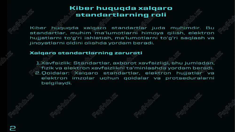 eneral data protection regulation (gdopr) standartlariga muvofig bo'lish uchun sezilarli harakatlar ko'rsatdi. u shaxsiy ma'lumotlarni himoya gilish uchun oz tizimlarini yangiladi va foydalanuvchilarning ma'lumotlarini ganday ishlatishlari to'g'risida o'zlariga batafsil ma'lumot berdi. bunda google o'z mijozlarini gdopr talablari to'g'risida bilimlantirish uchun, e'lonlarini, yordam magolalarini va go'llanmalarni taqdim etdi. 2. amazon va uncitral model qonunlari: amazon, elektron savdo gilish va elektron imzolarini ishlatish uchun uncitral tomonidan_ ishlab chigilgan model gonunlariga muvofig bo'lish uchun oz ish jarayonlarini tuzdi. ushbu ish jarayonlari, mijozlar bilan shartnomalarni imzolash, elektron to'lovlar amalga oshirish va mijozlar bilan axborot almashtirishni o'z ichiga oladi. 10 uchraydigan muammolar va ularni hal gilishning usullari: l. xavfsizlik muammolari: xavfsizlik muammolari, shu jumladan, axborotni o'giirlash va kkompyuter tizimlariga hujumlar kiber huguq sohasidagi kkatta muammodir. bunday muammolarni hal gilishning bir usuli, axborot xavfsizligi standartlarini joriy etish va ta'minlash, masalan, iso/iec 27001 kabi _ xavfsizlik standartlarini go'llashdir. 2. xalqaro miyodardagi farqliliklar: xalgaro miyoda kiber huquq goidalari …