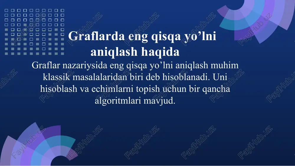 ************* int a[500][500],d[500]={0}, n,s,f,flag[500],l,min1=100000000,nmin=0; for(inti=0;i > n >> s >> f; for(inti=1;i > a[i][j]; if(a[i][j]==-1&&i!=j) a[i][j]=32000; } ifs.close(); l=s; for(inti=1;i d[j]) { min1=d[j]; nmin=j; } l=nmin; flag[l]=0; for(int j=1;j<=n;j++) if(flag[j]!=0) d[j]=min(d[j],a[l][j]+d[l]); } ofstream ofs("output.txt"); if(d[f]==32000) ofs<<"-1"; else ofs<< d[f]; ofs.close(); return 0; } algoritmning dastur kodi: foydalanilgan adabiyotlar adabiyotlar. data structure and algorithms in c++. fourthedition. 2013. chapter 8. 391-490 betlar. a computer science portal for geeks. http://www.geeksforgeeks.org/data-structures/#graph http://www.tutorialspoint.com/data_structures_algorithms/graph_data_structure.htm image1.png image2.jpg image3.png image4.png image5.png image6.png image7.png image8.png image9.png image10.png 41 @ the onder of edges: ab bee eg ch dade di ef hg if iteration init 2 3 bos © 0 4 #10 coe 5 fo 293 s = 10 bod i 22 10 o © 10 10 10 ° 2 15 15 15 15 n