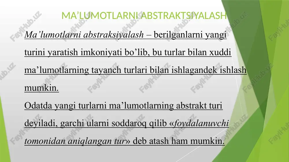 ko‘rsatmasi kompilyator tomonidan • (&obj1)–> set_a(20); ko‘rinishidagi kod bilan almashtiriladi. struktura tushunchasi talaba haqidagi ma‟lumotlar – satr turida talaba: familiyasi, ismi, sharfi (satr-char [20] ), mutaxassislik yo‘nalishi (satr-char [20] ), talaba yashash adresi (satr-char [20] ), tug‘ilgan yili (butun-int), o‘quv bosqichi (butun-int), haqiqiy turdagi reyting bali(butun-int), mantiqiy turdagi talaba jinsi haqidagi ma’lumot va boshqalardan shakllanadi. struktura bilan ishlash elon qilish: book b; // bu yerda xotira ajratiladi! book b1 = { “yu. golosinskiy", “ingliz tili … ", 2010, 576}; maydonlarni to’ldirish: strcpy ( b.author, "yu.golosinskiy" ); strcpy ( b.title, “ingliz tili … " ); b.year = 2010; b.pages = 576; vektorlarning har biri bir xil uzunlik va bo‘lakka ega bo‘lib, consisting of descriptions[i] tavsifi va and [i] narxlaridan iborat, birga ishlanadigan ma’lumotlar ham kiradi. bu vektorlar paralel vektorlar deb aytiladi. parallel vektorlar katta dasturlarda muammoni keltirib chiqaradi. dasturchi ishonch hosil qilishi kerak, vektorlar doim o‘sha uzunlikka ega, qaysiki bir-biriga tegishli …
