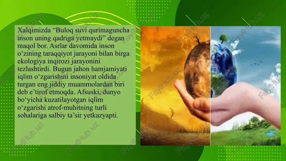 ya manbalari quyidagilarni o‘z ichiga oladi:quyosh energiyasi,shamol energiyasi, gidro (suv) energiyasi, biomassa, geotermal energiya. yashil energetikaning afzalliklari atmosferaga zararli gazlar chiqishini kamaytiradi. iqlim o‘zgarishiga qarshi kurashda muhim rol o‘ynaydi. uzoq muddatda iqtisodiy jihatdan foydali. energiya mustaqilligini ta’minlaydi. o‘zbekistonda yashil energetikao‘zbekiston ham barqaror rivojlanish yo‘lida quyosh va shamol elektr stansiyalari qurishni boshlab yubordi. masalan:navoiy, buxoro, qashqadaryo viloyatlarida quyosh elektr stansiyalari qurildi.2030-yilgacha energiyaning 25-30 foizini qayta tiklanuvchi manbalardan olish rejalashtirilgan.xalqaro tashkilotlar bilan hamkorlikda "yashil iqtisodiyot" dasturlari amalga oshirilmoqda. qonunchilik va xalqaro hamkorlik qonunchilik (milliy darajada)o‘zbekiston respublikasi atrof-muhitni muhofaza qilish bo‘yicha bir qatorqonun va qarorlarni qabul qilgan. ular energetika sohasida ekologik xavfsizlikni ta’minlashga qaratilgan: asosiy qonunlar:"atrof-muhitni muhofaza qilish to‘g‘risida"gi qonun (1992-yil) tabiatni asrash, ekologik xavfsizlikni ta’minlash va ifloslanishni kamaytirish choralari belgilanadi."ekologik ekspertiza to‘g‘risida"gi qonun yangi loyihalar ekologik baholovdan o‘tishi shartligi belgilanadi."qayta tiklanuvchi energiya manbalari to‘g‘risida"gi qonun (2019-yil)— quyosh, shamol va boshqa toza energiya manbalaridan foydalanishni rag‘batlantiradi.davlat dasturlari va strategiyalar:2021–2030-yillarga mo‘ljallangan “yashil energetika” strategiyasi“yashil …