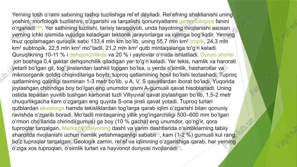h sharoitida sodir bo’ladi. t. qattiq, suyuq, gaz holatidagi va tirik tarkibiy qismlardan tashkil topgan. ularning bir-biriga nisbati turli t.lardagina emas, balki bir t. tipining har xil qatlamlarida ham turlicha. t. qattiq qismini mineral moddalar tashkil qiladi. tabiiy joylanishda qattiq zarralar t. massasining maʼlum qismini egallaydi, qolgan qismini esa zarralar va ularning agregatlari oraligʻidagi har xil kattalik hamda shaklga ega boʻlgan kovaklar (gʻovaklik) tashkil qiladi. bu boʻshliqlarning umumiy yigʻindisi t. gʻovakligi deyiladi. t. gʻovakligi kapillyar va nokapillyar boʻladi. kapillyar gʻovakli t.ning mayda zarralari kapillyar oraligʻidagi hajmga, nokapillyar gʻovaklik esa makrostruktura elementlari oraligʻidagi yirik kovaklar hajmiga teng. t.ning mineral qismidagi g'ovakligi 40—60%, botqoqi va gleylangan tlarda esa 27% atrofida boʻladi. gʻovaklik t.ning solishtirma va hajm ogʻirligiga bogʻliq. kovaklarda t.ning suyuq qismini tashkil qiluvchi, tarkibida erigan moddalar — tuproq eritmasi boʻlgan tuproq nami hamda t.ning gaz holatidagi qismini tashkil etuvchi tuproq havosi boʻladi. t. tarkibidagi suv va havo miqdorining nisbati atmosfera yogʻinlari, …
