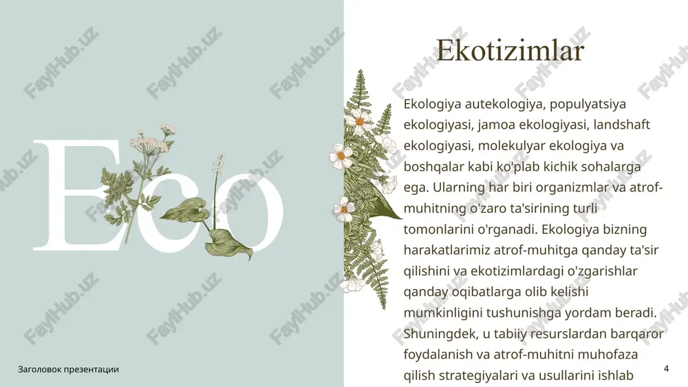 tova. ekologiya. –t.: «fan va texnologiya», 2012 www.ziyonet.uz –o‘zr oliy vao‘rtamaxsus ta’limvazirligisayti. www.bilim.uz - o‘zr oliy va o‘rtamaxsus ta’limvazirligi sayti. 12 image1.png image2.png image3.png image4.png image10.png image11.png image12.png image5.png image6.png image7.png image15.png image16.png image8.png image9.png image17.jpeg image18.jpeg image19.jpeg image20.png image13.png image14.png sajyisoddg