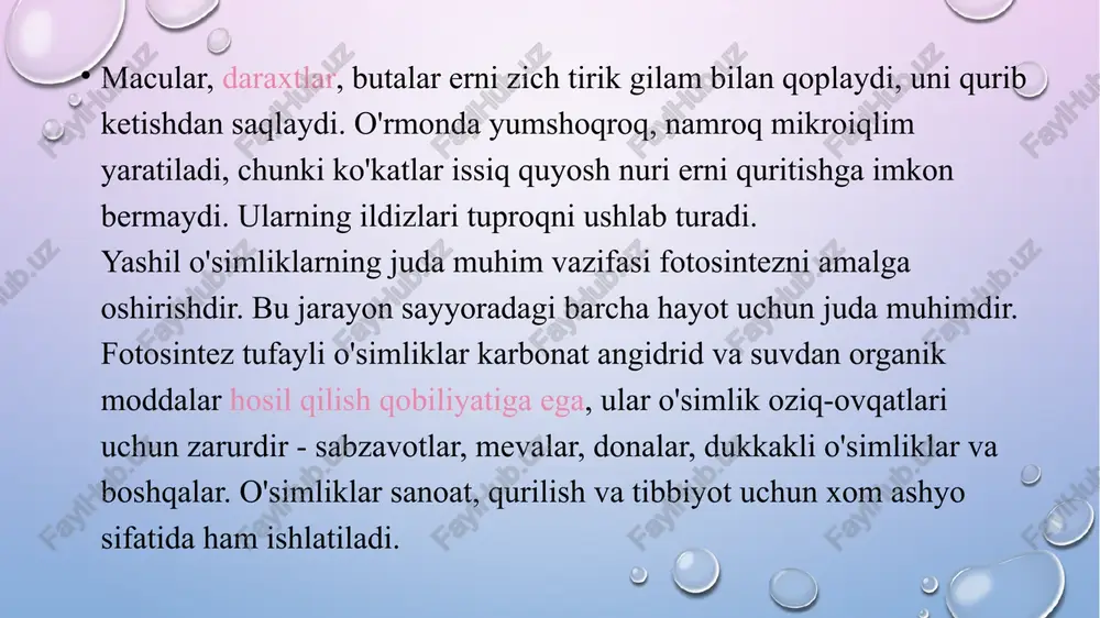 ik hamda tabiatda moddalarning almashinuvida ishtirok etadi. yirik mavjudotlarning bir-biri bo'lgan ozuqa aloqasi – bu energiyaning bir organizmdan ikkinchi organizmga o'tkazuvchi mexanizmdir. yer sharida yashil o'simliklar quyosh energiyasining faqat 1% nigina o'zlashtirib, yiliga 150-200 mlrd. t organik modda hosil qiladi. o'simliklar quyoshdan olayotgan olayotgan energiyasini 100% desak, shuning 50%ini o'simliklar nafas olish jarayonida, qolgan energiyani o'zlashtirib, organik modda sifatida organizmda to'playdi. bu to'plangan organik modda o'txo'r va bir-biri bilan ovqatlanuvchi hayvonlarga o'tadi. o'txo'r va etxo'r hayvonlar (konsumentlar)da energiya balansi qo'yidagicha bo'ladi: yutilgan ozuqa energiyasi to'la o'zlashtirilmaydi, uning bir qismi tashqi mhitga najas sifatida chiqariladi, so'ngra uni boshqa organizm o'zlashtiradi. hayvonlar organizm o'zlashtirib olgan ozuqa va zapas energiyaning asosiy qismini organizmning ish faoliyatini normal saqlashga, oz qismini esa nafas olishi uchun sarflaydi. natijada konsumentlarning o'lishi va chirishi tufayli organik qoldiqlar vujudga keladi, ularni saprofitlar (bakteriyalar, zamburug'lar, nematodalar) parchalab, anorganik moddalarga aylantiradi. ba'zi hayvonlar, chunonchi yirtqich qushlar zararkunanda kemiruvchilarni qirib, o'simlik hosildorligini …