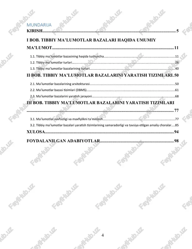 ni himoya qilish va xavfsizligini ta’minlashda, shuningdek, shifrlash, foydalanuvchi rollari va kirish huquqlarini boshqarish kabi metodlar yordamida tizimlarni himoya qilish masalalari ustuvor ahamiyatga ega. bu tadqiqotning maqsadi tibbiy ma’lumotlar bazalarining mohiyatini, turlarini, ularning xavfsizlik masalalarini va yangi texnologiyalarni joriy qilish jarayonlarini batafsil o‘rganishdir. tibbiy ma’lumotlar bazalarining samarali ishlashi sog‘liqni saqlash sohasida nafaqat bemorlar uchun qulaylik yaratadi, balki tibbiy xizmatlar sifatini ham oshiradi. hozirgi zamonaviy texnologiyalar va kelajakda rivojlanish imkoniyatlarini hisobga olgan holda, yangi tizimlarni yaratish, xavfsizlikni ta’minlash va tizimlarni optimallashtirish masalalari o‘rganiladi. shu bilan birga, tibbiy ma’lumotlar bazalarini yaratish bo‘yicha amaliy choralar va tavsiyalar beriladi. tizimni optimallashtirish, xavfsizlikni ta’minlash va yangi texnologiyalarni keng joriy etish sog‘liqni saqlash sohasining rivojlanishiga katta ta’sir ko‘rsatadi. tibbiy ma’lumotlar bazalarini rivojlantirish orqali sog‘liqni saqlash sohasida samarali boshqaruv tizimlarini yaratish va umumiy tibbiy xizmatlarni yaxshilashga imkoniyat yaratiladi. prezidentimizning "yuksalish uchun raqamli texnologiyalarni joriy etish, ularni rivojlantirish va ma’lumotlar xavfsizligini ta’minlash bo‘yicha qarorlar qabul qilish, ayniqsa, tibbiyot …