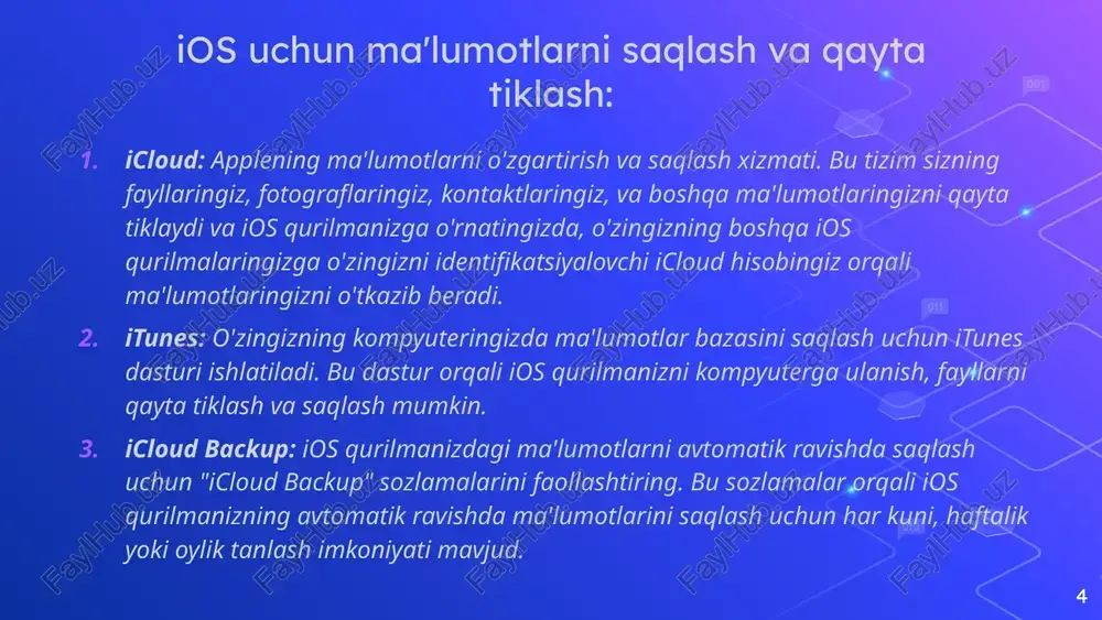 ishimiz mumkin. 17 lekin ba’zida keraksiz ma’lumotlar bilan birgalikda kerakli ma’lumotlarni ham o’chirib yuborishimiz mukin. bunday holatda esa biz ba’zi dasturlar orqali o’chib ketgan kerakli ma’lumotlatni tiklashimiz mumkin bo’ladi. bulardan biri fonelab kompyuter dasturi. 18 find more maps at slidescarnival.com/extra-free-resources-icons-and-maps bu dastur pulli dasturlardan biri hisoblanadi. ammo tekin sayohat qismi ham mavjud. unda siz pulli versiyasiga nisbatan kamroq avzalliklariga ega bo’ladi. 19 ios mobil qurilmani kabel yordamida kompyuterga ulaymiz va o’zimizga kerakli bo’limni tanlaymiz. so’ngra telefon parolini terishimizni so’raydi va unga parolni kiritganimizdan so’ng o’chib ketgan ma’lumotlarni skanerlash orqali toppish boshlanadi. skanerlash yakunlanganidan keyin tiklash mukin bo’lgan barcha ma’lumotlatni chiqaradi. iphone va android ma'lumotlar tiklashi har ikkala platforma o'zlarining operatsion tizimi, fayl tizimi va xavfsizlik chet elgusidagi farqliliklar tufayli farq qiladi. iphone va android ma'lumot tiklashining o'rtasidagi bir necha asosiy farqliliklar quyidagilardir: 1. operatsion tizim: iphone: ios apple kompaniyasining operatsion tizimi bo'lib, unifikatsiya va ketma-ket xavfsizlik xususiyatlari bilan mashhurdir. iosda …