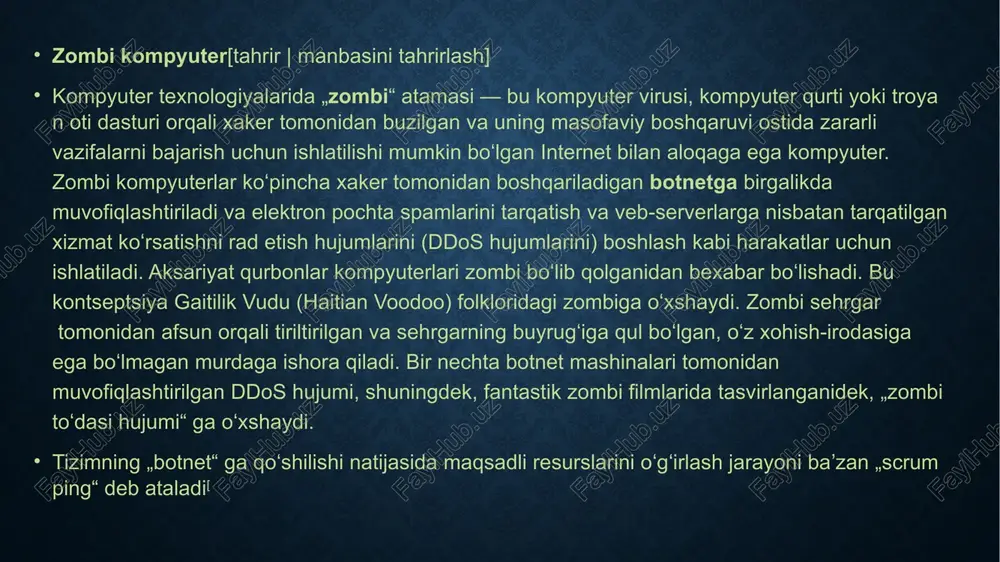 ash shifrlash xavfsizlik devori buzgʻunchilikni aniqlash tizimi xostga asoslangan hujumni aniqlash tizimi (hajat) anomaliyalarni aniqlash xavfsizlik axboroti va hodisalarini boshqarish (xahb) mobil xavfsiz shlyuz rantaym ilovasini himoyalash kiberhujumni dunyoning istalgan nuqtasida har kim amalga oshirishi mumkin. chunki u nishondan minglab mil uzoqlikda boʻlgan holda ham amalga oshirilish imkoniyati egadir. hujum muhim infratuzilmaga jiddiy zarar yetkazishi mumkin[17]. baʼzi hujumlar siyosiy va ijtimoiy maqsadlarga erishish uchun amalga oshiriladi, buni quyidagi misollar koʻrsatadi: 1996-yilda „white supremacist“ harakati bilan aloqador boʻlgan kompyuter xakeri massachusets provayderini vaqtincha oʻchirib qoʻyadi va internet provayderining maʼlumotlarni saqlash tizimining bir qismini buzib kiradi. xaker bu orqali oʻzini internet-provayderi nomi ostida butun dunyo boʻylab irqchi xabarlarni yuborishni toʻxtatishga uringan. xaker tahdid bilan provayderda shunday xabar qoldiradi: "siz hali haqiqiy kiberterrorini koʻrmadingiz. menga ishonavering..". 1998-yilda ispan namoyishchilari global communications institutini (igc) minglab soxta elektron pochta xabarlari bilan bombardimon qilishadi. e-pochta toʻsilgan va isp foydalanuvchilariga yetkazilmagan, qoʻllab-quvvatlash liniyalari esa oʻz pochtalarini ololmagan …