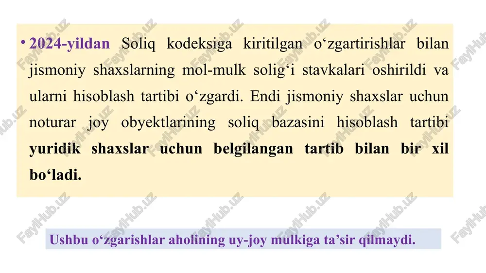 asosida beriladi mazkur imtiyoz pensiya guvohnomasi asosida beriladi 3) i va ii guruh nogironligi bo'lgan shaxslarning imtiyoz tegishincha guvohnoma yoki ma'lumotnoma asosida beriladi davlat soliq xizmati jismoniy shaxslardan olinadigan mol-mulk solig'i bo'yicha imtiyozlar jismoniy shaxslardan olinadigan mol-mulk solig'ini hisoblab chiqarish va to'lash tartibi soliq summasi mol-mulkning 1 yanvardagi holatga ko'ra bo'lgan kadastr qiymatidan va belgilangan soliq stavkasidan kelib chiqqan holda hisoblab chiqariladi to'lov xabarnomasi soliq organlari tomonidan to'lov xabarnomasi olinganligini va olingan sanani tasdiqlovchi boshqa usulda soliq summasining 50 % 15 aprelgacha yoki soliq to'lovchilarga imzo qo'ydirilgan holda har yili 1 martdan kechiktirmay topshiriladi soliq summasining qolgan 50 % 15 oktyabrgacha soliqni to'lash umumiy ulushli mulki bo'lgan imoratlar, binolar va inshootlar uchun soliq ulushiga mutanosib ravishda to'lanadi davlat soliq xizmati prodaji kv. 1 kv. 2 kv. 3 kv. 4 8.2000000000000011 3.2 1.4 1.2 jismoniy shaxslardan olinadigan mol-mulk solig'ini hisoblab va to'lashga oid ayrim masalalar 29 30 31 1 2 3 …