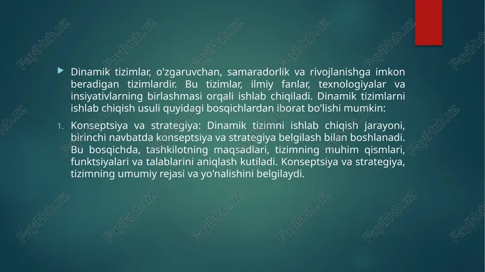 halash jarayonida, tashkilotning maqsadlarini erishish yo'llari, tizimning qurilishi va arxitekturasi, komponentlari, resurslar, tizimning boshqarilishi, integratsiyasi va boshqa muhim elementlar belgilanadi. loyihalash jarayoni shuningdek, ish tartibi, vazifalar va muddatlar, ish birliklari orqali aloqalar va boshqa ishlar bilan bog'liq tartiblar va bog'lanishlarni belgilashni o'z ichiga oladi. analiz va loyihalash, proyekt yoki tizimni amalga oshirishda muhim ahamiyatga ega bo'ladi. analiz jarayoni, tashkilotning o'zgaruvchanlarini tahlil qilishga yordam beradi va loyihalash jarayoni esa, tashkilotning maqsadlariga erishish uchun qanday qilib rejalashtirish va tashkil etishni belgilaydi. bu bosqichlar tashkilotning muvaffaqiyatli ish bajarishini ta'minlashga va talablariga javob beruvchi bir reja va loyihani rivojlantirishga qo'llaniladi. testlash va integratsiya, bir proyekt yoki tizimni sinash va birlashtirish jarayonlaridir. bu jarayonlar, proyekt yoki tizimning to'g'ri ishlashini, muvaffaqiyatini va bir-biriga mosligini tekshirishga yordam beradi. testlash: testlash jarayoni, proyekt yoki tizimning funktsionalligini, xavfsizligini, to'g'ri ishlashini va talablarni sinashni o'z ichiga oladi. bu jarayon orqali, dastur tizimi yoki tizimning har bir qismini sinab ko'rish, xatolar …
