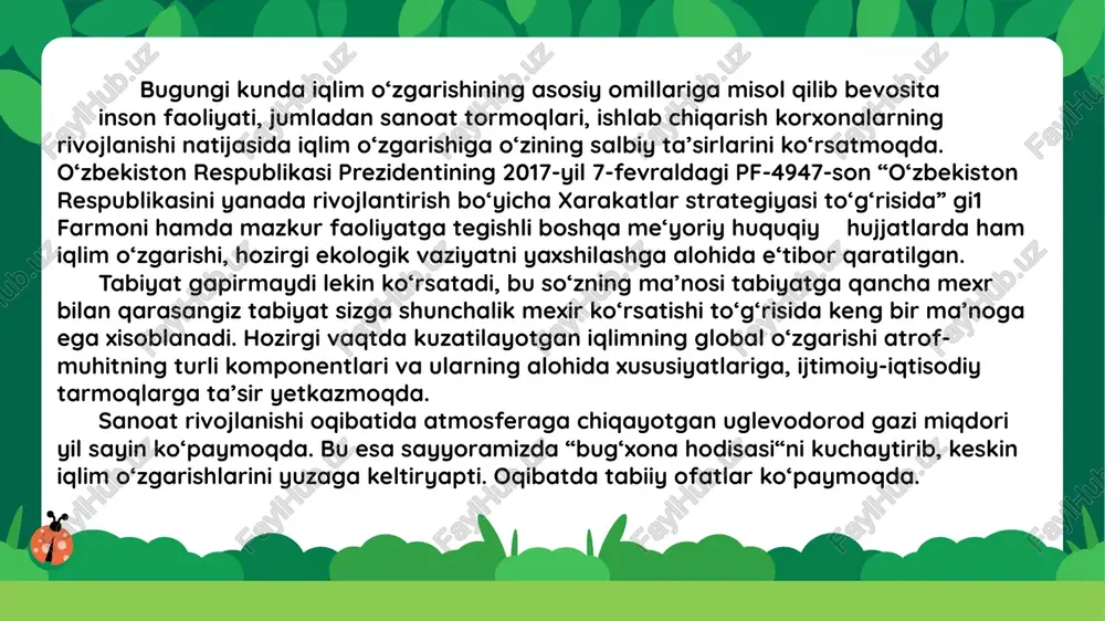 atmosfera qatlami chegaralarida havoga ta’sir qiladigan kuch bu ishqalanishdir.atmosferaning umumiy sirkulyatsiyasi–bu havo oqimining asosiy majmui boʻlib, havo massasining gorizontal va vertikal almashinuvini amalga oshiradi. uning paydo boʻlishi atmosferada doimiy ravishda turli tezlikdagi toʻlqinlar va dovullarni hosil boʻlishiga bogʻliq. mazkur atmosfera gʻalayonlari-siklon va antisiklonlar–atmosfera sirkulyatsiyasining xarakterli belgilaridir. atmosferaning umumiy sirkulyatsiyasi iqlim tizimi holati tavsiflaridan biridir. havoni koʻchishi ob-havoni oʻzgarishiga ta’sir qiladi. global iqlim tizimi holati iqlim hosil qiluvchi jarayonlar-atmosfera sirkulyatsiyasi, issiq almashinuvi va namlik al joʻgʻrofik hududlarda koʻrinishini ifodalaydi. iqlimning lokal turlari kengliklar, quruqlik va daryolar taqsimlanishi, orografiya, tuproqlar, oʻsimlik va qor qatlamlari, okean oqimilariga bogʻliqligidir. education olimlarning fikriga koʻra, iqlim oʻzgarishi koʻproq insoniyatning oʻz faoliyati davomida atmosferaga tobora koʻp parnik gazlarini chiqarishi tufayli yuz beradi. va bu bilan yer kurrasining isib ketishiga sabab boʻladi. biz kazilma yoqilgʻisini yoqamiz. zavodlar atmosferaga katta xajmdagi karbonat angdrid gazini chiqarib yubormoqda. atmosfera xuddi issiqxona oyna devorlari tarzida ishlaydi: koʻrinib turgan nurni kiritadi va ichida …