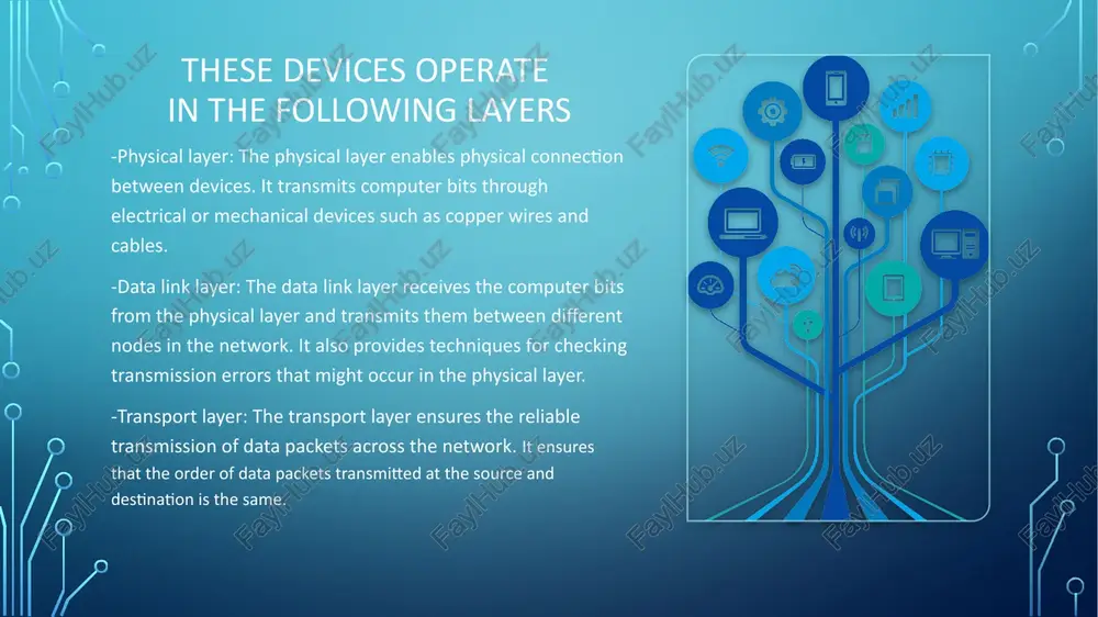 upgrade your setup (your pc, monitor, components in the processor like hdd and ssd disks, optical disk drives, cpu, ram and others. networking service in most cases a networking service is a low- or high-level application that enables the network to perform more than basic functions. some examples of networking services include ntp, dns, dhcp, voip, file and directory, hardware sharing, email, and website hosting. hardware repair and service hardware repair and service are preventive and remedial services that physically repair or optimize hardware, including basic installation, contract maintenance and per-incident repair — both on-site and at a centralized repair depot. dictionary remedial – tuzatuvchi troubleshooting – muammolarni tuzatish intricate – murakkab rudimentary - ibtidoiy bottleneck – to’siq image2.png image1.jpeg image3.jpeg image4.jpg image5.png image6.jfif image7.jpg image8.jpg image9.jpg image10.jpg image11.jpg image12.png image13.jpg image14.jpeg image15.jpeg image16.jpeg image17.jpeg image18.jpeg image19.jpeg 676210320 switch router bridge gateway types of network devices alm p2 p1 ooo …