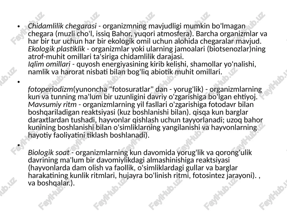 populyatsiyadagi individlar sonining ketma-ket ko'payishi yoki kamayishi. muntazam takrorlanish tufayli populyatsiyalar sonining o'zgarishi hayot to'lqinlari yoki populyatsiya to'lqinlari deb ham ataladi. muntazam takrorlanish tufayli populyatsiyalar sonining o'zgarishi hayot to'lqinlari yoki populyatsiya to'lqinlari deb ham ataladi. aholini tartibga solish - shaxslar sonini ularni yo'q qilish yoki ko'paytirish orqali tartibga solish bo'yicha chora-tadbirlarni tashkil etish. yo'qolib borayotgan aholi - turlari soni maqbul minimal darajaga tushgan populyatsiya. savdo aholisi - alohida shaxslarning qazib olinishi iqtisodiy jihatdan asosli bo'lgan va uning resurslarining buzilishiga olib kelmaydigan aholi. aholining haddan tashqari ko'pligi - populyatsiyaning vaqtinchalik holati, bunda individlar soni normal yashash shartlariga mos keladigan qiymatdan oshadi. ko'pincha biogeotsenozning o'zgarishi bilan bog'liq. hayotning zichligi - ohang yoki boshqa vositaning birlik maydoniga yoki hajmiga to'g'ri keladigan shaxslar soni. raqamlarni o'z-o'zini tartibga solish - ekologik tizimning harakatini cheklash, shaxslar sonini o'rtacha me'yorga kamaytirish. biogeotsenozlarning o'zgarishi - tabiiy muhit omillari taʼsirida baʼzi biotsenozlar boshqalari bilan almashinadigan ekologik tizimning ketma-ket tabiiy …