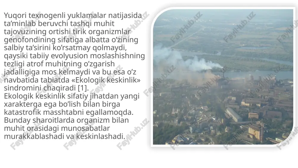 dalar harikati natijasida deyarli barcha hayot muhitlarida to'planadi va tabiiy muvozanatni izdan chiqishiga olib keladi. 13 sanoat korxanalaridan atrof muhitga tashlanadigan va ishlab chiqariladigan kimyoviy moddalar. atrof- muhitga 7 mlrd. tonnaga yaqin tushadigan sanoat korxonalari chiqindilariga asosan: uglerod oksidlari (so, so₂); oltingurgut oksidlari (so, so₂); vodorod oltingurguti (h₂s); azot oksidlari (no, nox); ammiak (nh3); inert gazlardan: frionlar (sn,cif, c₂h₂cif); vodorod ftorid (hf); uglevodorodlar (ch4, snn2+2n), og'ir metallar temir (fe), qurg'oshin (pb), nikel (ni), simob va boshqalar. 14 ularni birnecha mingdan ortiq turlari mavjud. atrof- muhitganga ta'siri bo'yicha sanoat korxonalari chiqindilarini miqdori bo'yicha: energetika (31%); avtomobilsozlik (24%); qora metallurgiya (14%); qurilish materiallari sanoati (11%); rangli metallurgiya (7%); neftni qaytaishlash (5%); kimyo sanoati (4%) va qolganlari boshqa tarmoqlarga tug'ri keladi. atrofmuhitni ifloslantiruvchi yana bir kimyoviy moddalardan biri bu - zaharli kimyoviy preparatlar va kimyoviy o'g'itlar hmsoblanadi. zaharli kimyoviy preparatlarni biz pestisidlar (lotincha suz pestis- zahar va cid- o'ldirmoq) deb ataymiz. 15 ularga …