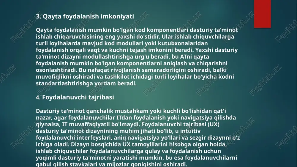 ining muhim jihati hisoblanadi. yaxshi dasturiy ta'minot dizayni bir nechta afzalliklarni taqdim etadi, jumladan miqyoslilik, barqarorlik, qayta foydalanish, yuqori foydalanuvchi tajribasi va optimal ishlash. ishlab chiquvchilar dasturiy ta'minot dizayniga ustuvor ahamiyat berishlari va yuqori sifatli, samarali va foydalanuvchilarga qulay dasturiy ta'minotni yaratishni ta'minlash uchun eng yaxshi amaliyotlarga rioya qilishlari kerak. dasturiy ta'minot dizayni nima? dasturiy ta'minot dizayni dasturiy ta'minotning arxitekturasini, interfeyslarini va komponentlarini aniqlash jarayonini anglatadi. it dasturiy ta'minot ilovasi istalgan maqsad va talablarni qondirish uchun birgalikda ishlaydi. nima uchun dasturiy ta'minot dizayni ishlab chiquvchilar uchun muhim? dasturiy ta'minot dizayni ishlab chiquvchilar uchun muhim ahamiyatga ega, chunki it kengaytiriladigan, texnik xizmat ko'rsatadigan va foydalanuvchilarga qulay bo'lgan yuqori sifatli dasturiy ta'minotni yaratishga yordam beradi. yaxshi dasturiy ta'minot dizayni, shuningdek, kelajakdagi loyihalarda vaqt va kuchni tejaydigan kodni qayta ishlatishga yordam beradi. bundan tashqari, dasturiy ta'minot dizayni ish faoliyatini yaxshilaydi va umumiy foydalanuvchi tajribasini yaxshilaydi. dasturiy ta'minotni loyihalashda qanday eng yaxshi amaliyotlar mavjud? …