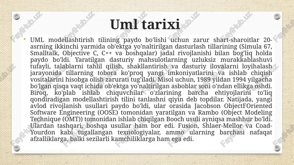 g'lanishlarni (bog'liqlarni) ko'rsatadigan statik struktura diagrammasi. jismoniy komponentlar fayllar, kutubxonalar, modullar, bajariladigan fayllar, paketlar va boshqalar bo'lishi mumkin. foydalanish holatlari diagrammasi (use case diagrammasi) foydalanish holatlari diagrammasi (use case diagrammasi) - ular o'rtasidagi munosabatlarni ko'rsatadigan diagramma aktyorlar va foydalanish holatlari. asosiy maqsad - mijoz, oxirgi foydalanuvchi va ishlab chiquvchiga tizimning funksionalligi va xatti-harakatlarini birgalikda muhokama qilish imkonini beruvchi yagona vositani taqdim etish. uml ning afzalliklari : uml ob'ektga yo'naltirilgan bo'lib, buning natijasida tahlil va dizayn natijalarini tavsiflash usullari semantik jihatdan usullarga yaqin. dasturlash zamonaviy bo'yicha ob'ektga yo'naltirilgan tillar; uml sizga tizimni deyarli barcha mumkin bo'lgan nuqtai nazardan va tizim xatti-harakatlarining turli jihatlaridan tavsiflash imkonini beradi; uml diagrammalarini sintaksisi bilan tezda tanishganingizdan so'ng o'qish nisbatan oson bo'ladi; uml kengaytiriladi va o'z matn va grafiklaringizni kiritish imkonini beradi stereotiplar, bu nafaqat dasturiy injiniring sohasida foydalanishga hissa qo'shadi; uml keng tarqaldi va dinamik rivojlanmoqda. tanqid (kamchiliklar) : uml juda keng tarqalgan va qo'llaniladigan …