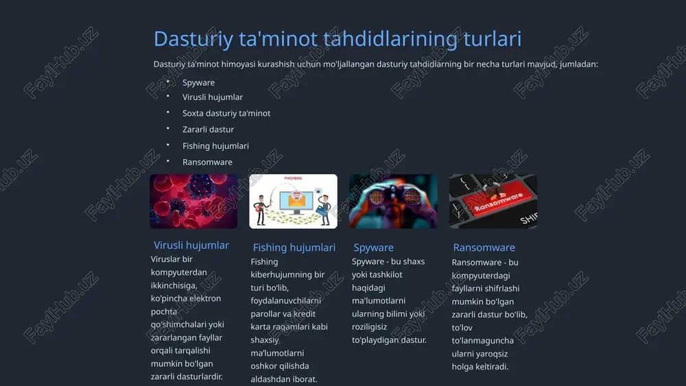 asturlari va hujumlarni aniqlash tizimlari bilan birlashtirilishi kerak. 7 shifrlash shifrlash - bu ma'lumotlarga ruxsatsiz kirishning oldini olish uchun ma'lumotni kodga aylantirish amaliyotidir. u odatda moliyaviy ma'lumotlar va shaxsiy ma'lumotlar kabi maxfiy ma'lumotlarni himoya qilish uchun ishlatiladi. 1 shifrlashning qanday afzalliklari bor? shifrlash maxfiy ma'lumotlarga ruxsatsiz kirishni oldini oladi, uzatish paytida ma'lumotlarni himoya qiladi va gdpr kabi qoidalarga muvofiqligini ta'minlashga yordam beradi. 2 shifrlashning har xil turlari qanday? shifrlashning ikkita asosiy turi mavjud: simmetrik shifrlash va assimetrik shifrlash. simmetrik shifrlash ma'lumotlarni shifrlash va shifrini ochish uchun bitta maxfiy kalitdan foydalanishni o'z ichiga oladi. asimmetrik shifrlash shifrlash va shifrni ochish uchun juftlashgan ochiq va shaxsiy kalitlardan foydalanishni o'z ichiga oladi. 3 shifrlashni qanday amalga oshirish mumkin? shifrlash turli darajalarda, jumladan, apparat, dasturiy ta'minot va tarmoq protokollarida amalga oshirilishi mumkin. u odatda onlayn-banking va elektron tijorat kabi sohalarda qo'llaniladi. 8 autentifikatsiya va avtorizatsiya autentifikatsiya va avtorizatsiya dasturiy ta'minotni himoya qilishning muhim komponentlari …