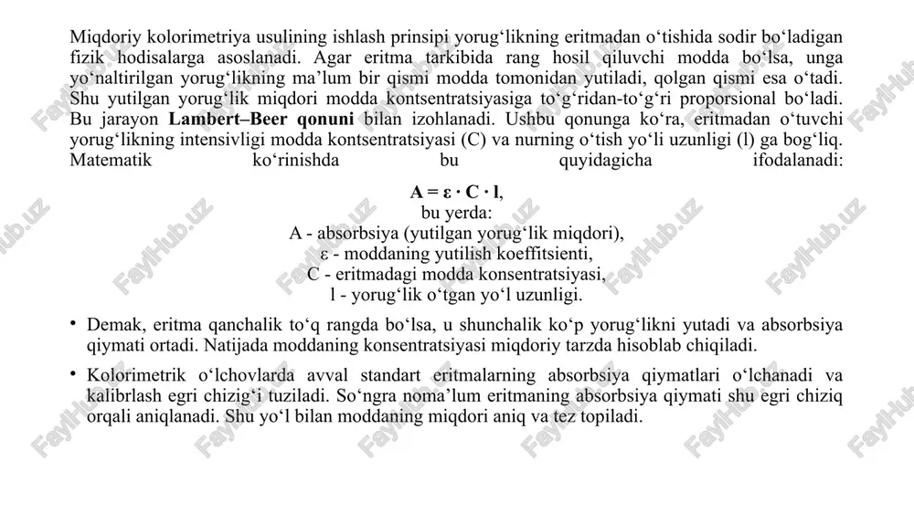 q ‘lokus’ (lotincha locus – joy) deb ataladi.” har qanday lokusning umumiy xususiyatlari: a) oq rang nuqtasining koordinatalari (0,33; 0,33) ga teng; b) ranglarning to‘yinganligi oq nuqtadan lokus tomonga qarab ortib boradi; c) oq nuqta bilan lokusni tutashtiruvchi to‘g‘ri chiziq ustida joylashgan ranglar bir xil rang ohangiga ega bo‘lib, faqat to‘yinganlik darajasi bilan farqlanadi. ya’ni bu xususiyatlar rang fazosidagi har bir nuqtaning rang to‘yinganligi va ohangini aniqlashda muhim bo‘ladi. miqdoriy kolorimetriya - bu moddalarning rang xususiyatlarini o‘lchash va ularni miqdoriy baholashga asoslangan ilmiy usul bo‘lib, u tahlil jarayonlarida aniqlikni oshirishga xizmat qiladi. ushbu usulda o‘lchanayotgan namunalar monoxromatik yoki oq yorug‘lik bilan yoritilib, ularning nurni qaytarish, o‘tkazish va yutish darajalari aniqlanadi. bu ko‘rsatkichlar yordamida moddaning optik xossalari matematik jihatdan ifodalanadi. spektrofotometrlar miqdoriy kolorimetriyaning asosiy o‘lchov vositalari bo‘lib, ular nurning turli to‘lqin uzunliklarida modda tomonidan yutilish yoki aks ettirish miqdorini aniqlaydi. natijada olingan ma’lumotlar moddaning tarkibi, sifat ko‘rsatkichi va rangi haqida aniq …