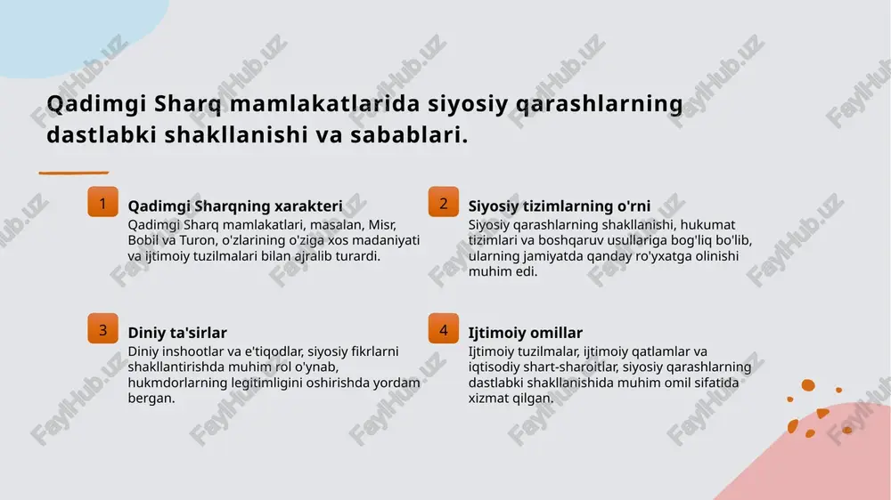 aloqalar - turon xalqlari o'rtasidagi siyosiy aloqalar diplomatiya va savdo orqali rivojlanib, ko'plab ittifoqlar va qarama-qarshiliklarga olib keldi. turondagi siyosiy qarashlar va ularning zamonaviy o'rganishlari: tarixiy meros. tarixiy kontekst turondagi siyosiy qarashlar, qadimgi turkiy va eroniy ta'sirlar bilan shakllangan. bu kontekstda ijtimoiy tuzilmalar va an'analar muhim rol o'ynaydi. siyosiy g'oyalar turon xalqlarida siyosiy g'oyalar, ajdodlardan meros qilib olingan an'analar va diniy tushunchalarga asoslangan. bu g'oyalar zamonaviy siyosatga ta'sir etadi. zamonaviy o'rganishlar hozirgi kunda turondagi siyosiy qarashlar, tarixiy tadqiqotlar va arxeologik topilmalar orqali o'rganilmoqda. bu meros, siyosiy fikrni rivojlantirishga xizmat qiladi. xulosa qadimgi siyosiy fikrlar qadimgi sharq mamlakatlarida siyosiy fikrlar, tarixiy va madaniy kontekstlar asosida rivojlanib, zamonaviy siyosiy tafakkurga ta'sir ko'rsatdi. diniy va madaniy omillar diniy va madaniy omillar, misr va bobilda siyosiy qarashlarning shakllanishida muhim rol o'ynagan, bu esa ijtimoiy hayotga ta'sir ko'rsatdi. tarixiy meros va ta'sirlar qadimgi turondagi siyosiy tizimlar, tarixiy meros va zamonaviy o'rganishlar, bugungi kunda siyosiy fikrlarimizga …