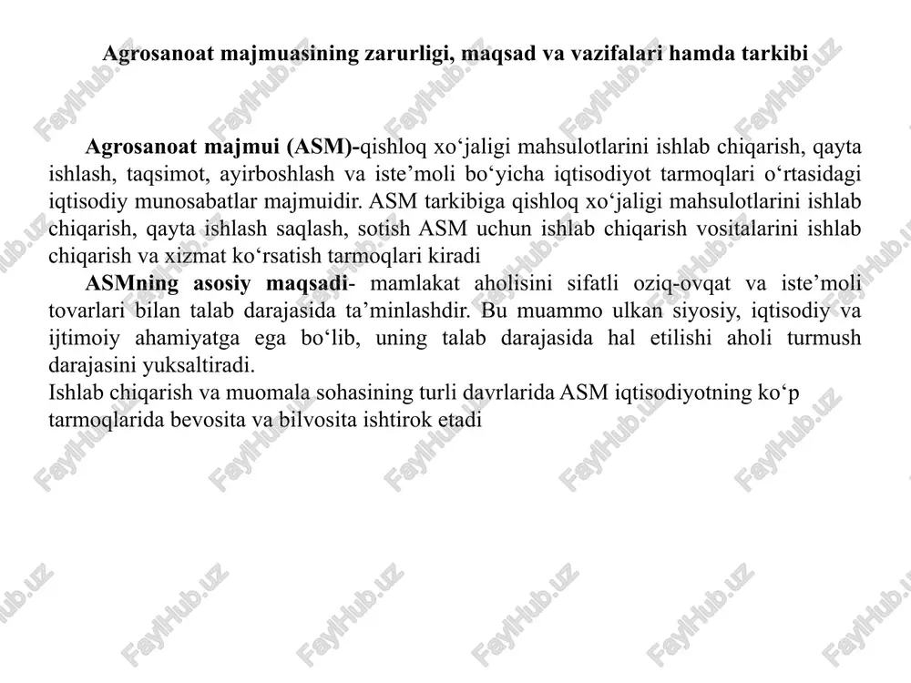 shchilarning meyordagi mehnat faoliyatini ta’minlaydigan va ishchi kuchini takror hosil qilishga xizmat qiluvchi quyidagi tarmoqlar kiradi: uy-joy kommunal xo‘jaligi, tibbiyot va bolalar muassasalari, umumiy ovqatlanish tashkilotlari, sport sog‘lomlashtirish, mehnatni muhofaza qilish, dam olish maskanlari va boshqalar.ishlab chiqarish infratuzilmasi tarmoqlari ishlab chiqarishga xizmat qilsa, ijtimoiy infratuzilma aholining turmush sharoitini yaxshilashga xizmat qiladi. bozor infratuzilmaga asm tarmoqlarining mahsulotlarini ishlab chiqish uchun bank-moliya muassasalari,tijorat banklari, mini banklar xizmatlari, birjalar va brokerlik idoralari xizmatlari, axborot-maslahat markazlari, reklama agentlari, auditorlik, konsalting markazlar, tijorat, ulgurji, savdo yarmarka markazlari va sug‘urta tashkilotlari xizmati kiradi. institutsional infratuzilmagaasm tarmoqlarini tartibga solib turuvchi davlat organlari, har-xil uyushmalar, davlat tomonidan qo‘llab-quvvatlash, biznes fond, ish bilan ta’minlashga ko‘maklashish, kredit uyushmalari, ilmiy-tadqiqot muassasalari kiradi. yakuniy mahsulotning to‘liq nooziq-ovqat turlari farqlanadi. infratuzilma 4 guruhga bo‘linadi: ishlab chiqarish, ijtimoiy, bozor va institutsional infratuzilmasi 1-bo‘g‘in – agrosanoat majmuasi tarkibidagi korxonalar uchun ishlab chiqarish vositalarini ishlab chiqaruvchi sanoat tarmoqlari. 2-bo‘g‘in –agrosanoat majmuasining asosiy tarmog‘i hisoblangan qishloq xo‘jaligidan …