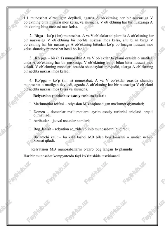 tashqi mb bilan bog’lanishni o’rnatish uchun xizmat qiladi. relyatsion mb munosabatlarni o`zaro bog`langan to`plamidir. har bir munosabat kompyuterda fayl ko`rinishida tasvirlanadi. 3 - laboratoriya ishi mavzu: sql tilida jadvallar yaratish, o’zgartirish va o’chirish. ushbu labaratoriyada predmet soha ma`lumotlar bazasini sql so`rovlari orqali yaratamiz. mavjud ob`yektlarni so`rovlar orqali ma`lumotlar bilan to`ldirish, o`zgartirish va keraksiz ma`lumotlarni o`chirishni ko`rib chiqiladi. sql( structured query language) (strukturalashgan so’rovlar tili) ma’lumotlarni almashtirish tili bo’lib xisoblanadi, ya’ni u jadvallar bilan ishlash mo’ljallangan bo’lib, kiruvchi ma’lumotlar talab etilgan chiquvchi ko’rinishga ega xolga aylantirib beradi. · sql( structured query language) (strukturalashgan so’rovlar tili) ma’lumotlarni almashtirish tili bo’lib xisoblanadi, ya’ni u jadvallar bilan ishlash mo’ljallangan bo’lib, kiruvchi ma’lumotlar talab etilgan chiquvchi ko’rinishga ega xolga aylantirib beradi. sql tili ikkita asosiy komponentga ega: · ddl tili (data definition language (ma’lumotlar aniqlash tili) bu ma’lumotlar ba’zasi strukturasini aniqlash va ma’lumotlarga murojaatni boshqarish uchun mo’ljallangan. dml tili (data manipulation language) - ma’lumotlarni manipulyatsiyalash …