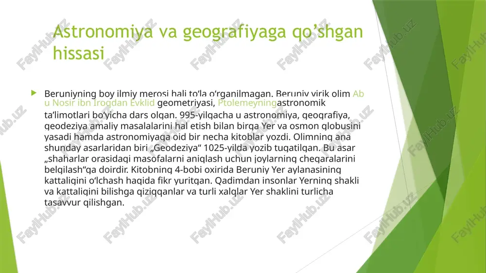 ifat, ma’naviyat, falsafa, millat, yoshlar. iim-fanni yuksak ma’naviyatga ega bo'lgan insonlar yaratadi. ularning shakllanishi va rivojlanishi mamlakat va millat_taraqgiyotining ko'rsatkichi hisoblanadi. shu ma’noda ix-xii asrlarda tashkil topgan xorazm ma’mun akademiyasi bu zaminning o'z davriga xos taraqgiy qilganligini, u yerdan yetishib chiqgan mutafakkirlar esa xalq tafakkuri, dunyogarashi, intilishi, ma’naviyati va madaniyatining hosilasi edi. ma’mun akademiyasi fagat on uch (1004-1017 yy.) yil faoliyat ko'rsatgan bo'lsa ham unda tadgigot ishlarini olib borgan olimlar tomonidan ilm, fan va madaniyat sohasida qo‘lga kiritilgan kashfiyotlar o'rta_ osiyoning jahon sivilizatsiyasining gultoji sifatida bugungi kungacha butun insoniyatga xizmat ilib kelmogda. ‘akademiyaga rahbarlik qilgan abu rayhon beruniy (973-1048) ensiklopedik olim sifatida shakllandi va fanning ko'pgina sohalarida izlanishlar olib bordi. beruniyning hozirga qadar ma’lum bo'lgan, fanning turli sohalari bo'yicha yozgan, asarlari soni hagida quyidagi ma’lumot keltirilgan: 1) astronomiya bo'yicha 70 ta, bulardan umumiy astronomiya bo'yicha 37, kometalar va meteorlar bo'yicha 6 ta, astronomiya asboblar hagida 9 ta, astrolog tangidiga bag‘ishlangan …