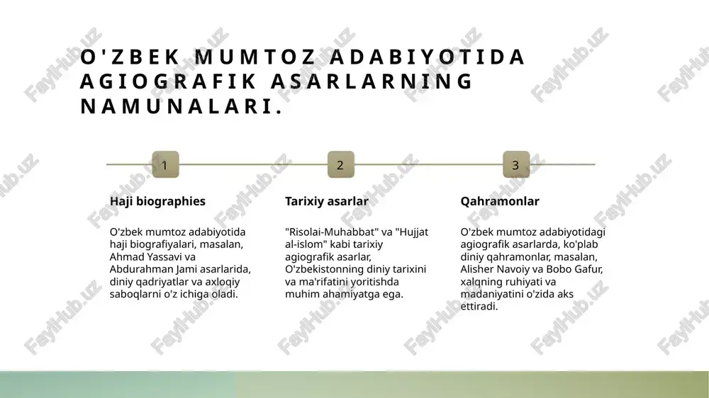 rixiy kontekst o'zbek adabiyotidagi agiografik asarlar, tarixiy davrlar davomida madaniy o'zgarishlarni aks ettiradi va umummilliy identitetni mustahkamlashga yordam beradi. 3 ijtimoiy ta'sir ushbu asarlar, jamiyatda axloqiy va ma'naviy qadriyatlarni tarbiyalash orqali ijtimoiy birlikni mustahkamlashda muhim ahamiyatga ega. o'zbek mumtoz adabiyotida hagiografik asarlarning tarixiy konteksti. 01 tarixiy rivojlanish o'zbek mumtoz adabiyotida agiografik asarlarning tarixi xiv asrdan boshlab, diniy va madaniy kontekstlarda muhim rol o'ynagan. 02 ijtimoiy kontekst agiografik asarlar, o'zbek jamiyatida diniy qadriyatlarni tarqatishda va axloqiy normalarni shakllantirishda ijtimoiy hayotga ta'sir ko'rsatgan. 03 madaniy almashinuv hagiografik asarlar, o'zbek mumtoz adabiyotida turli madaniyatlar orasida almashinuvni kuchaytirib, o'zbek adabiyotining boyligini oshirgan. hagiografiya va o'zbek madaniy merosining o'zaro aloqasi. 1 hagiografiya tarixi - hagiografiya, diniy shaxslar hayotini tasvirlovchi asarlarning tarixi, oʻzbek mumtoz adabiyotida muhim o'rin tutadi va madaniyatni shakllantiradi. 2 madaniyatga ta'siri - hagiografik asarlar, o'zbek madaniyatida diniy qadriyatlarni mustahkamlashda va xalq an'analari bilan bog'lanishda muhim rol o'ynaydi. 3 diniy qadriyatlar - ushbu asarlar, …