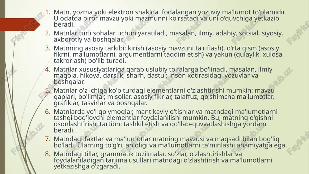 va o'qitish uchun qo'llaniladi. qo'shimcha bo'limlar (additional sections): bunday bo'limlar matnning asosiy tarkibiga kirmaydigan, ammo qo'shimcha ma'lumotlar, izohlar, manbalarni o'z ichiga oladigan bo'limlardir. bunda foydalanish mumkin bo'lgan qo'shimcha bo'limlar shuni o'z ichiga oladi: ta'riflar, glossariy, ijodiy qism, misollar, istisnolar va boshqalar. matnni ma'noviy qismlarga bo'lishga bog'liq holda, matndagi tahlillar, fikrlar va muhokamalar boshqacha qismga joylashishi mumkin. ba'zi matnlarda, matnning eng muhim mavzusiga qarab bo'limlarni belgilash mumkin, masalan, tarixiy bo'lim, maslahatlar bo'limi, sabablantirish bo'limi va hokazo. matndagi ma'naviy qismlar va tarkibiy tuzilmalar matnning tahlilini osonlashtiradi va o'quvchilarga matndan ma'lumotlarni tezroq topishga yordam beradi. image1.png image2.png image3.jpeg image4.png image5.jpg image6.png image7.jpg /docprops/thumbnail.jpeg muhammad ab-xorazmiy nomidagi toshkent axboro!texnologiyalon ‘universe ‘eihaconccnae tone